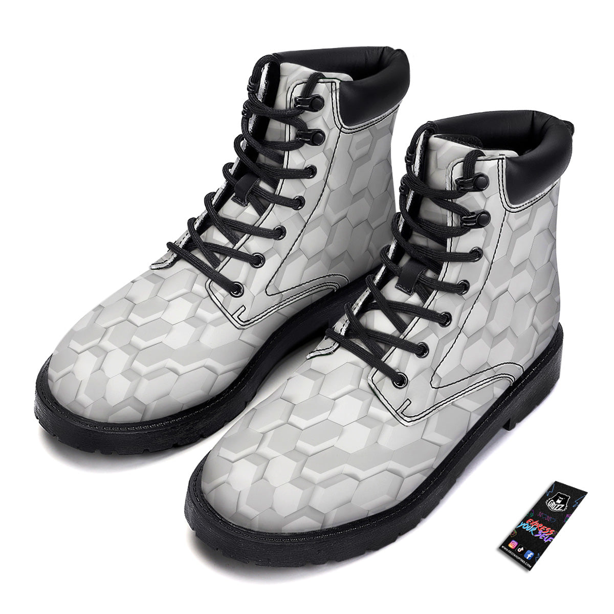 Abstract Hexagonal White 3D Print Pattern Boots-grizzshop