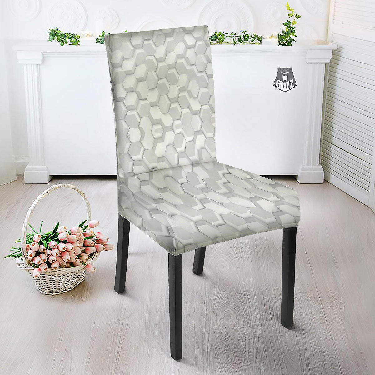 Abstract Hexagonal White 3D Print Pattern Dining Chair Slipcover-grizzshop