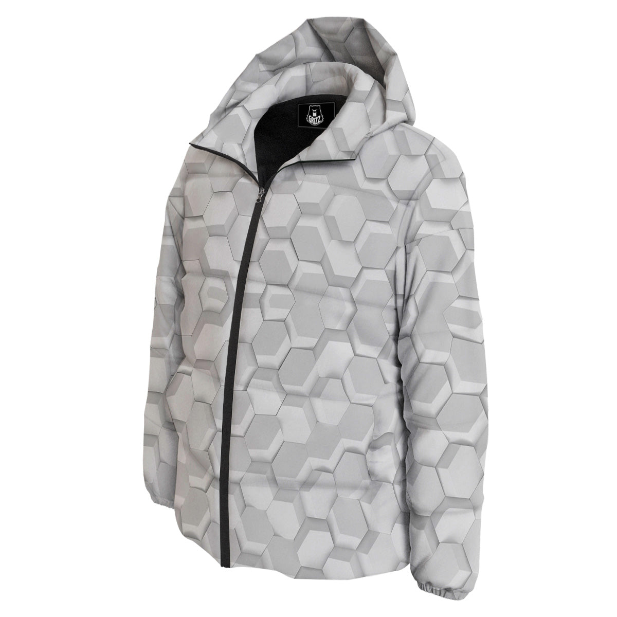 Abstract Hexagonal White 3D Print Pattern Down Jacket-grizzshop