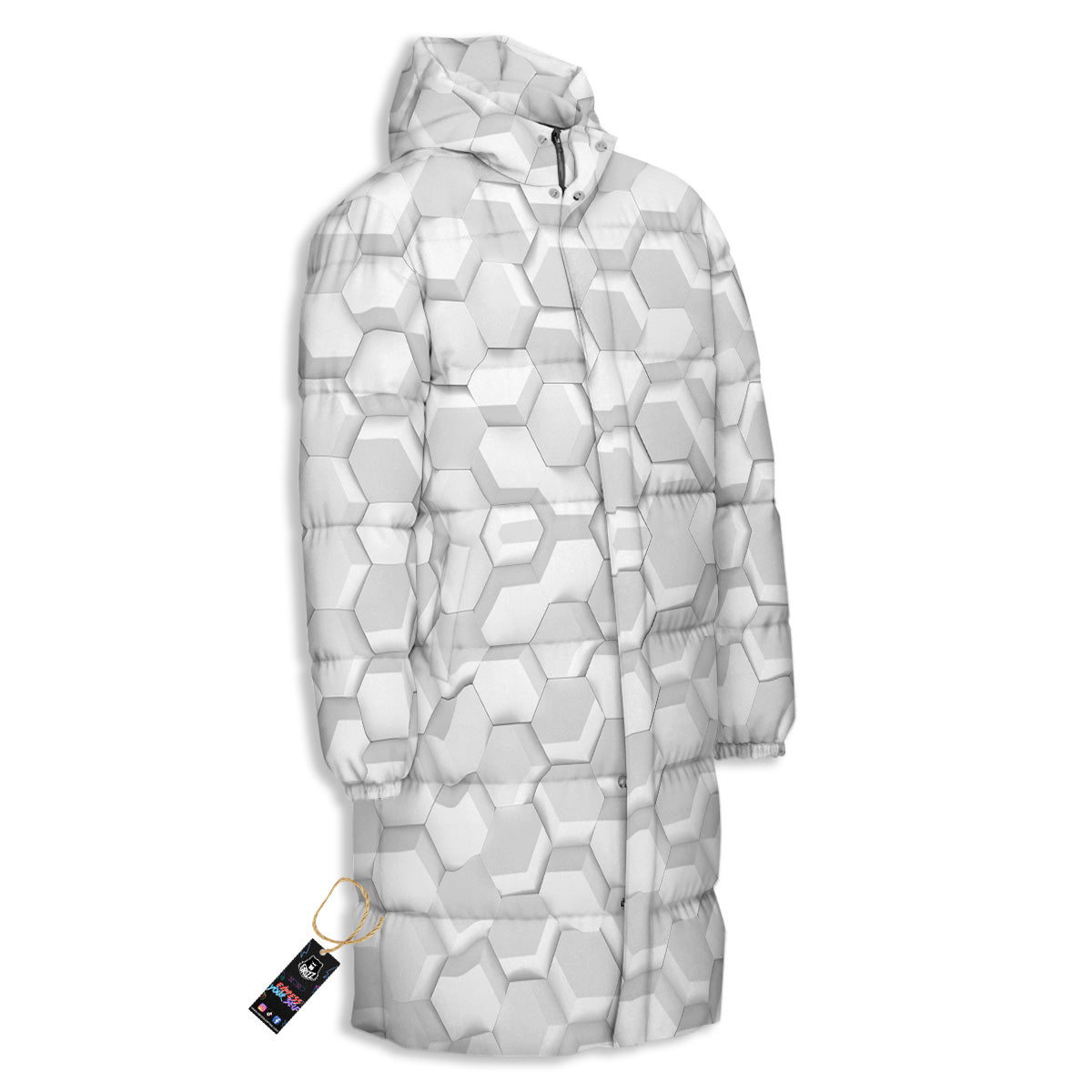 Abstract Hexagonal White 3D Print Pattern Long Down Jacket-grizzshop