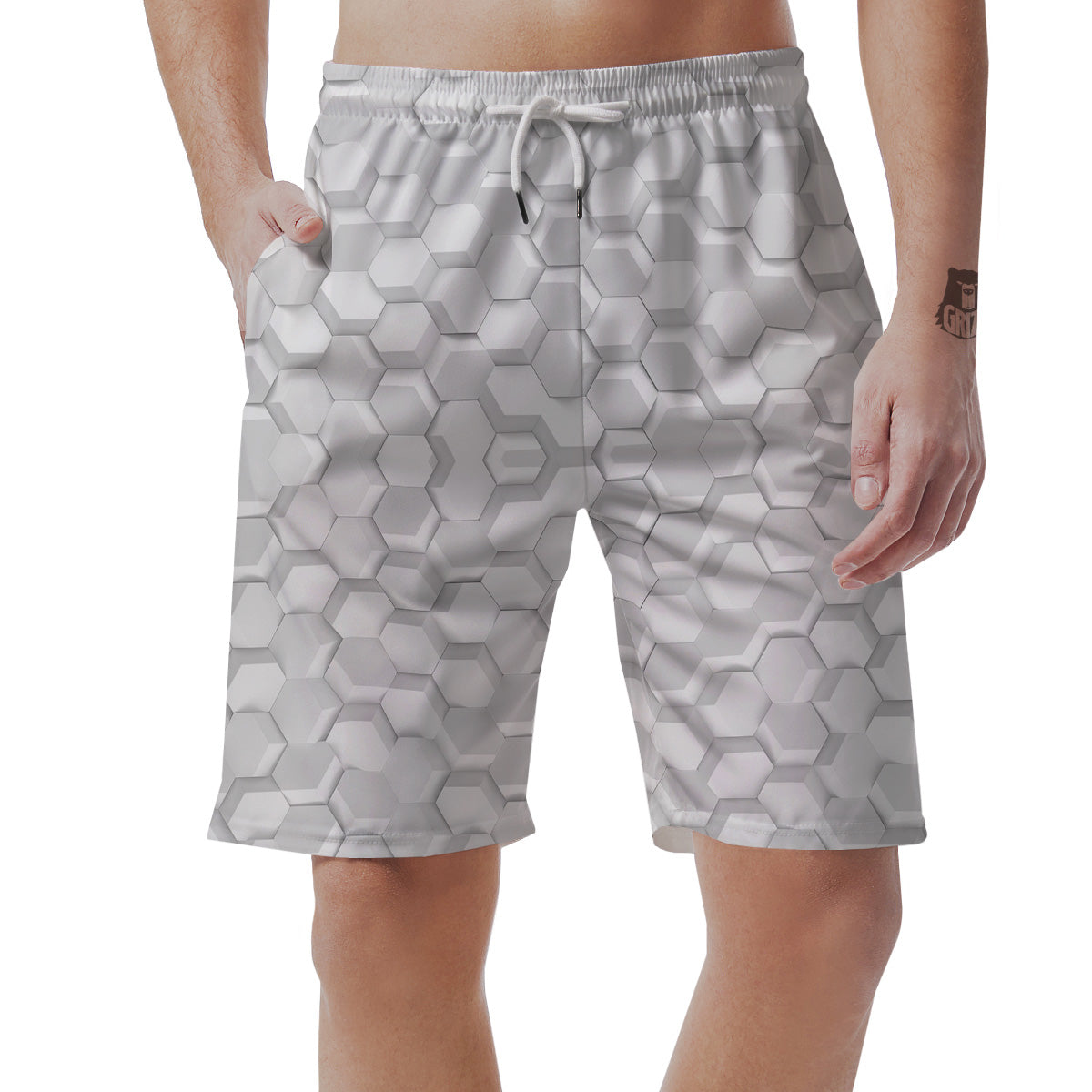 Abstract Hexagonal White 3D Print Pattern Men's Shorts-grizzshop