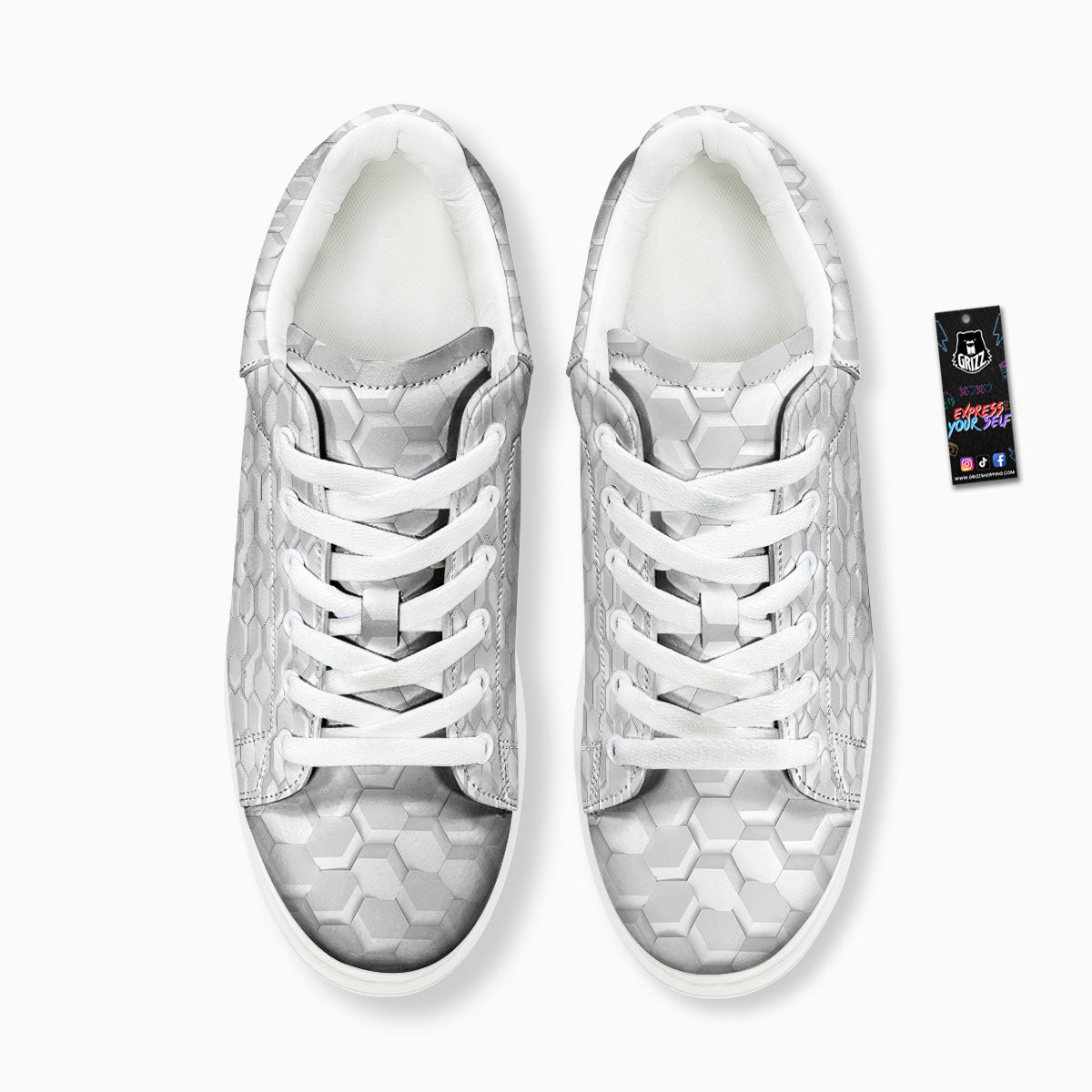 Abstract Hexagonal White 3D Print Pattern Platform Shoes-grizzshop