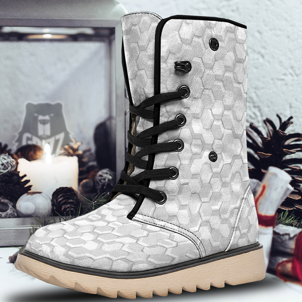 Abstract Hexagonal White 3D Print Pattern Snow Boots-grizzshop