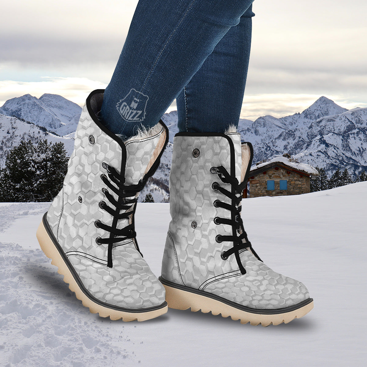 Abstract Hexagonal White 3D Print Pattern Snow Boots-grizzshop