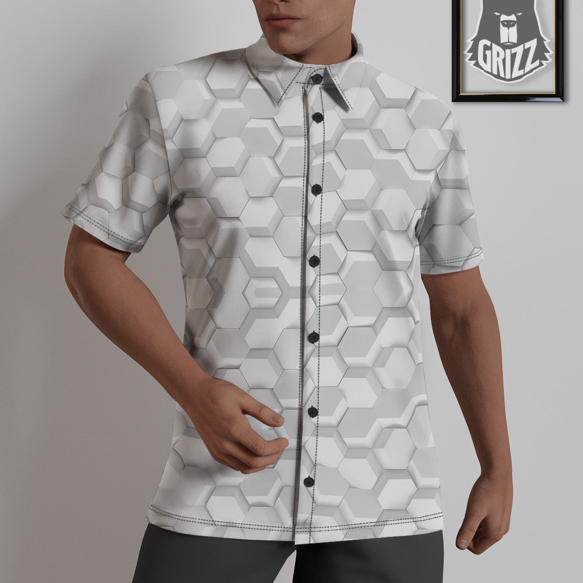 Abstract Hexagonal White 3D Print Pattern Untucked Shirts-grizzshop