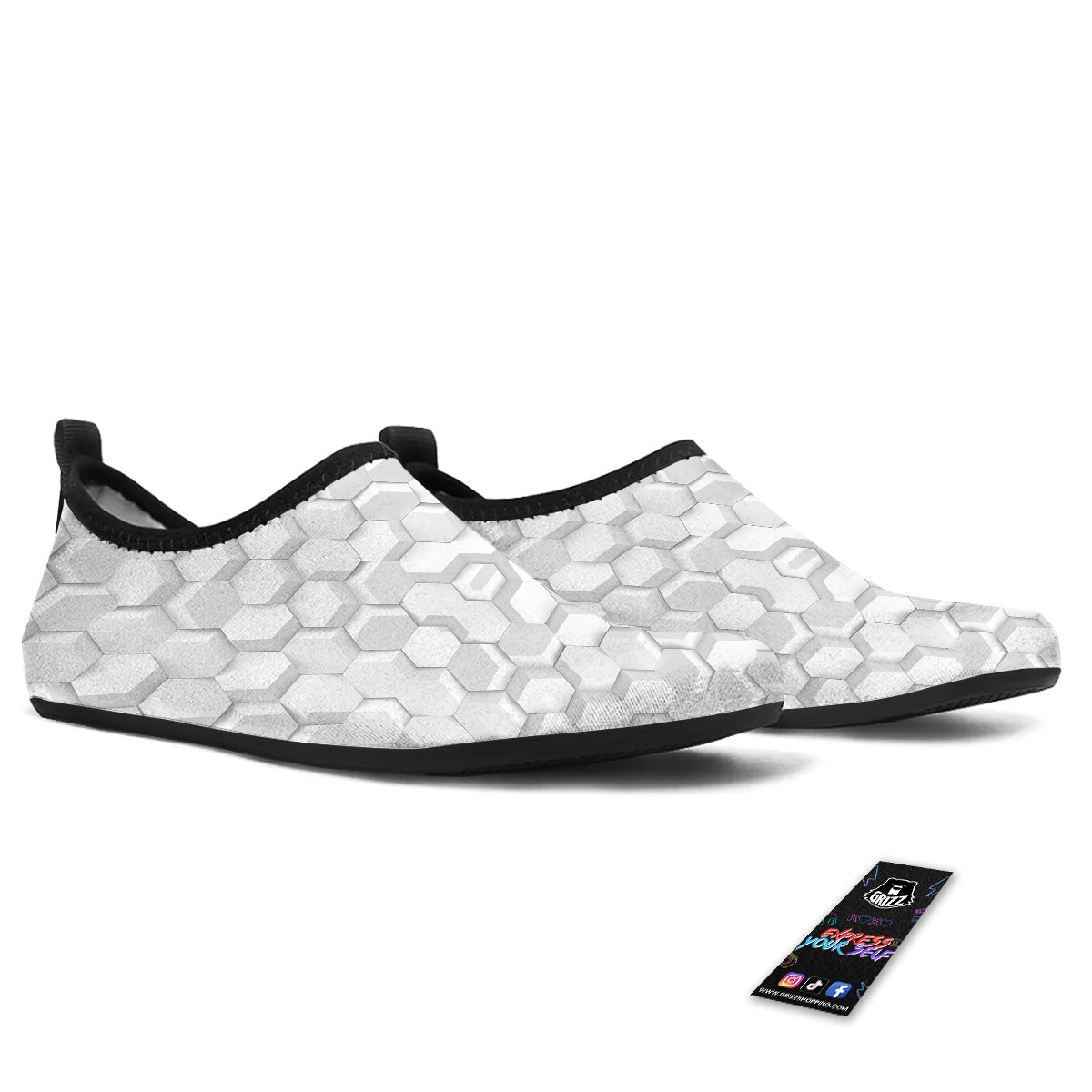 Abstract Hexagonal White 3D Print Pattern Water Shoes-grizzshop