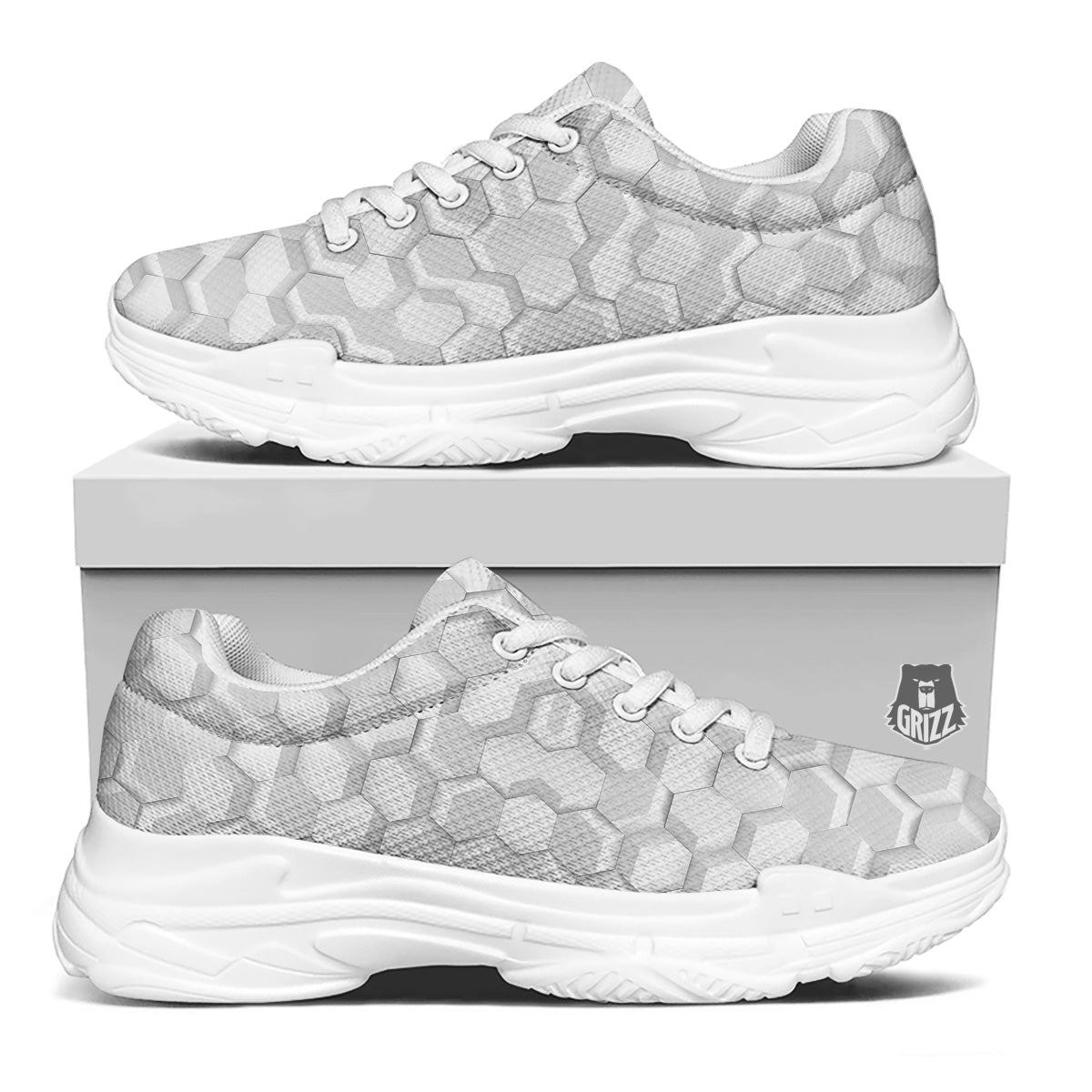 Abstract Hexagonal White 3D Print Pattern White Chunky Shoes-grizzshop