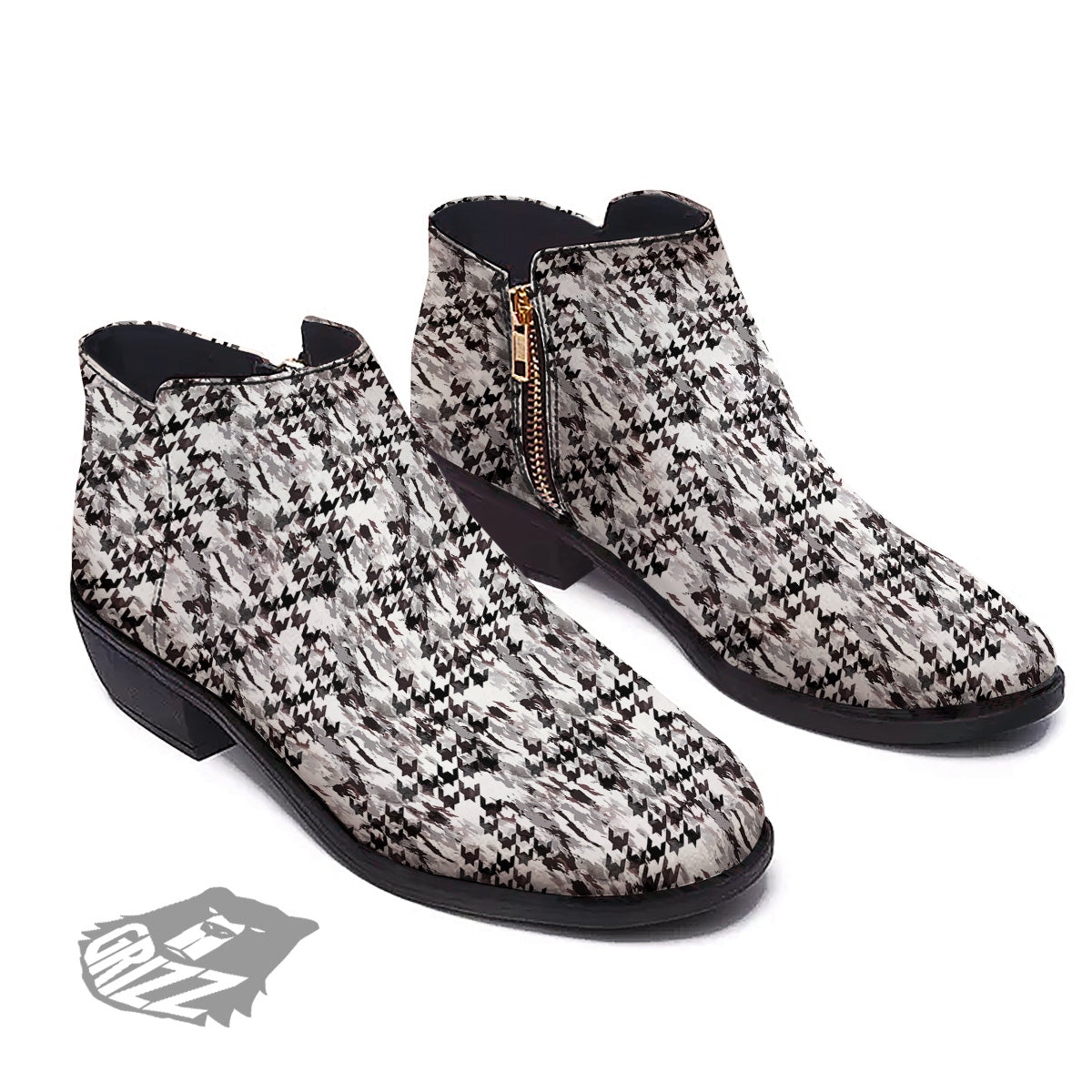 Abstract Houndstooth And Camo Print Pattern Ankle Boots-grizzshop