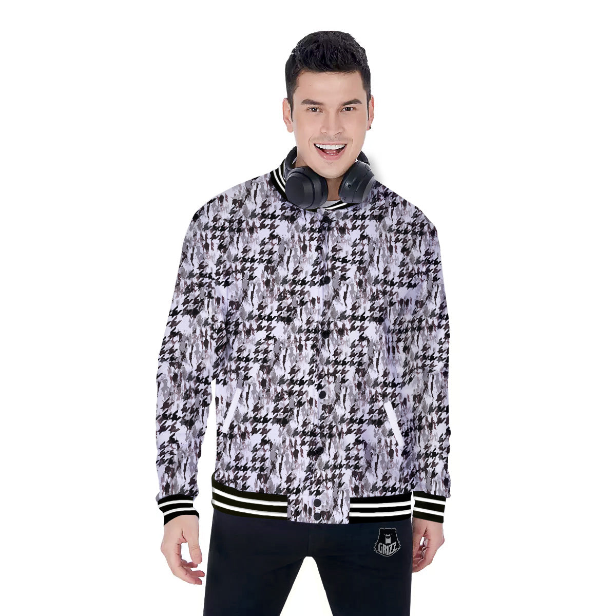 Abstract Houndstooth And Camo Print Pattern Baseball Jacket-grizzshop