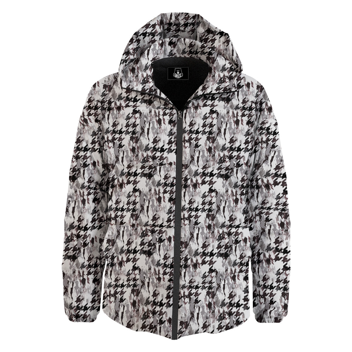 Abstract Houndstooth And Camo Print Pattern Down Jacket-grizzshop