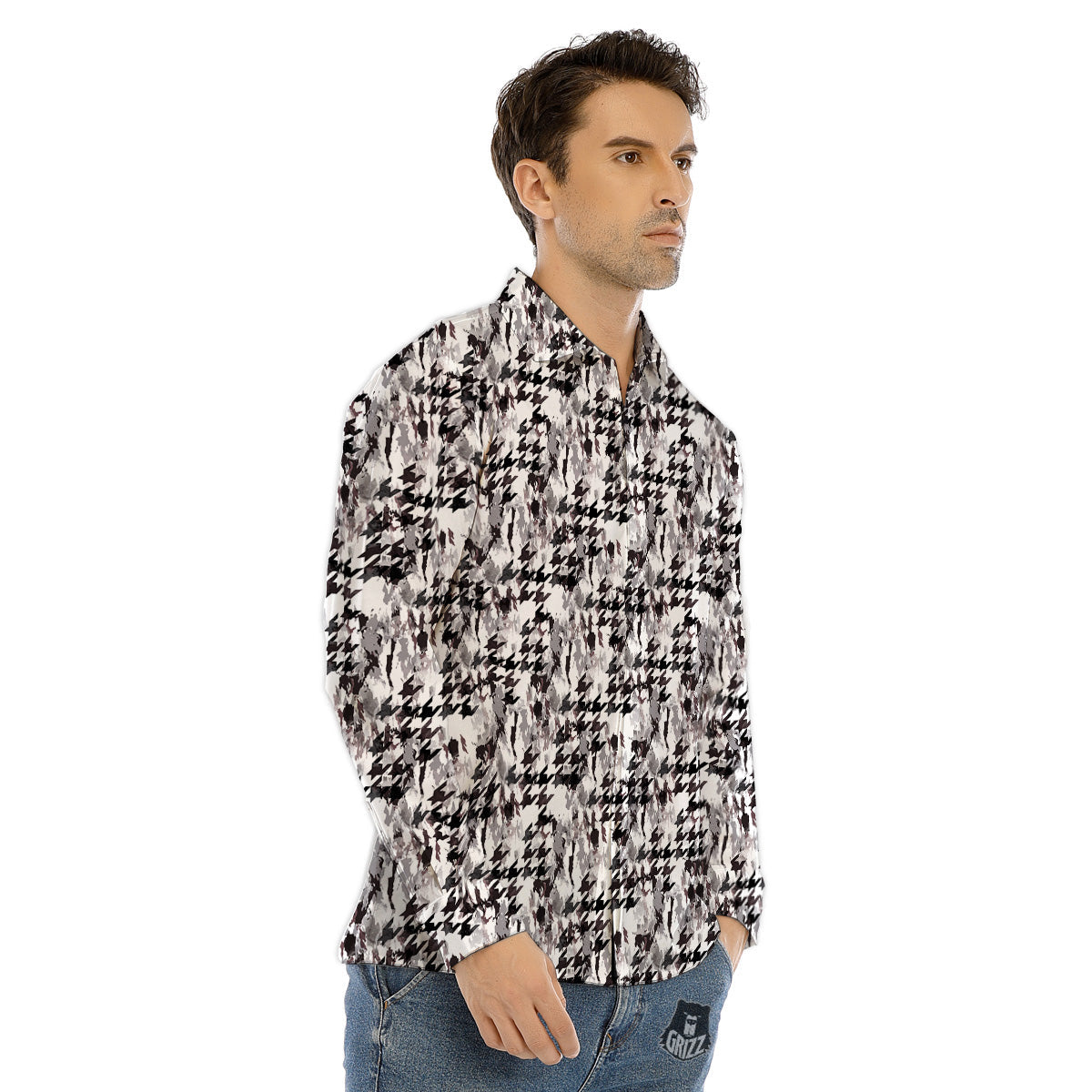 Abstract Houndstooth And Camo Print Pattern Men's Dress Shirts-grizzshop