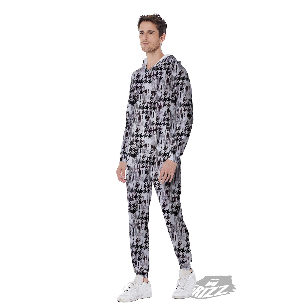 Abstract Houndstooth And Camo Print Pattern Men's Jumpsuit-grizzshop
