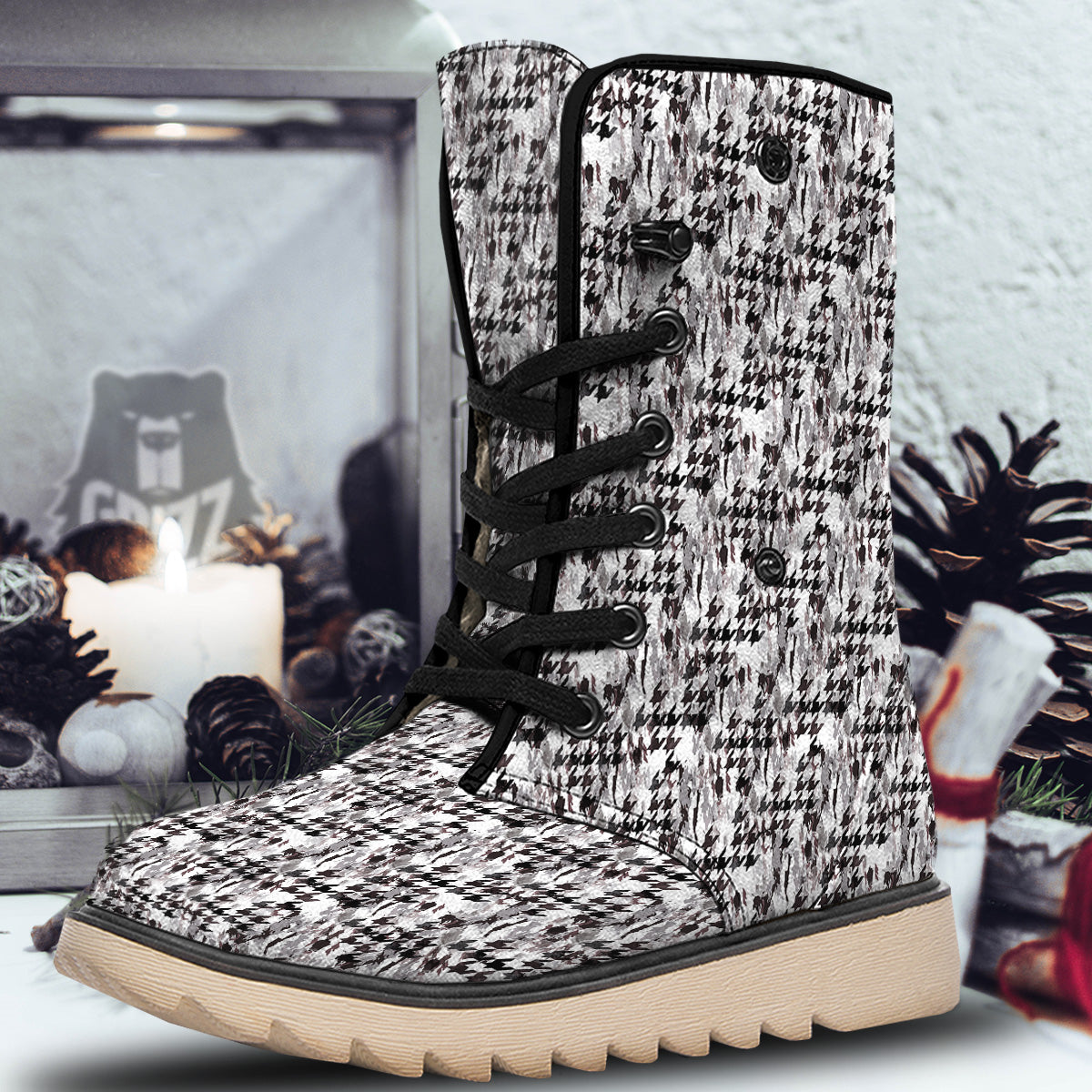 Abstract Houndstooth And Camo Print Pattern Snow Boots-grizzshop