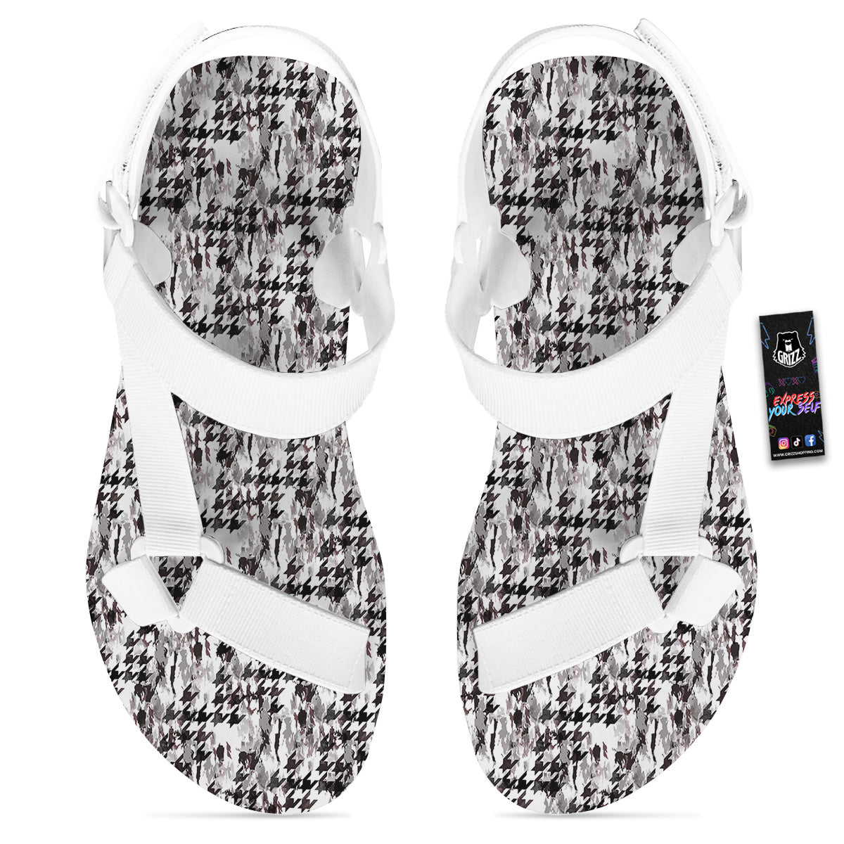 Abstract Houndstooth And Camo Print Pattern White Open Toe Sandals-grizzshop