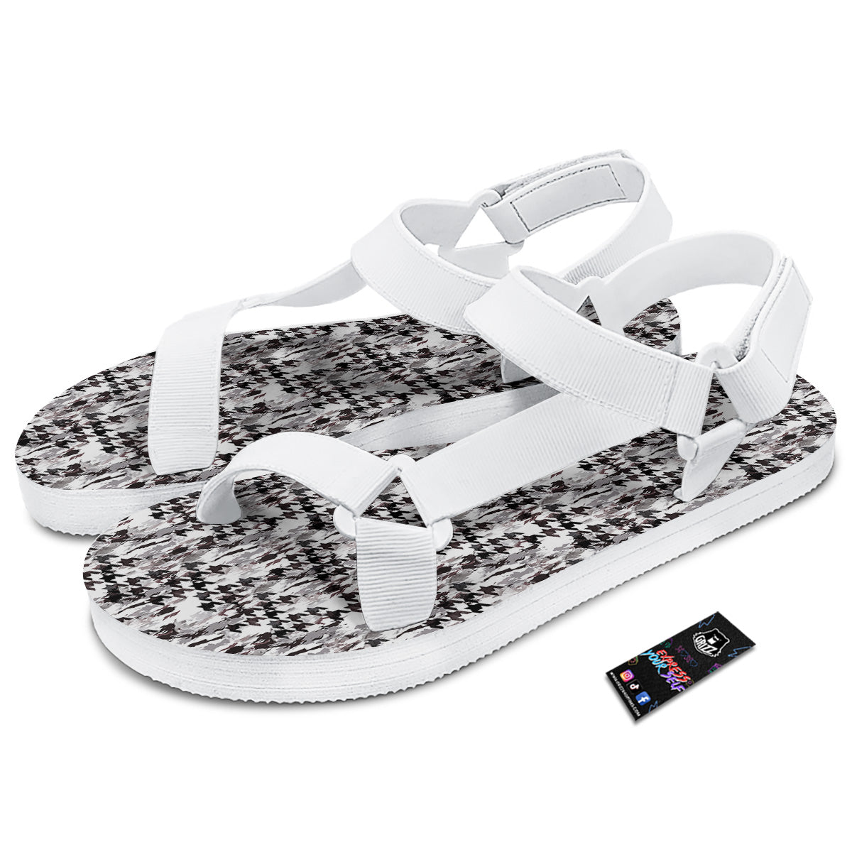 Abstract Houndstooth And Camo Print Pattern White Open Toe Sandals-grizzshop