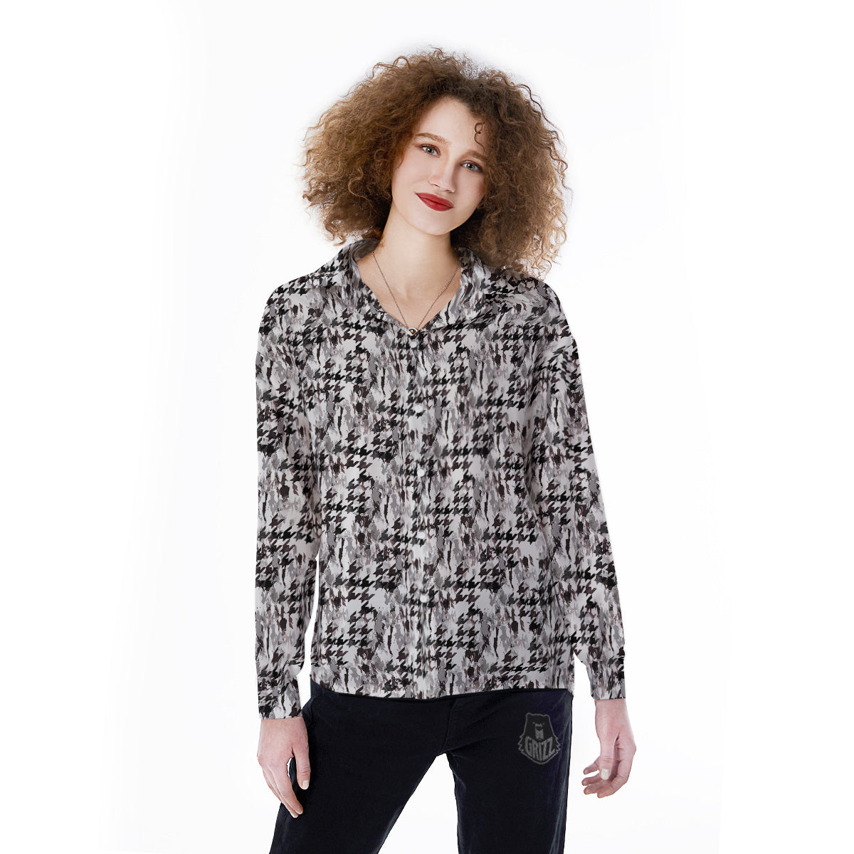 Abstract Houndstooth And Camo Print Pattern Women's Long Sleeve Shirts-grizzshop
