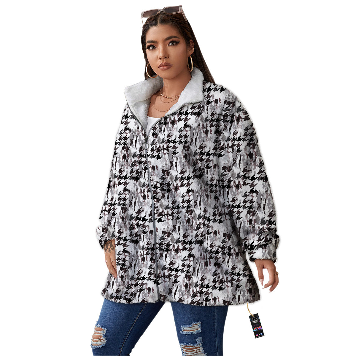 Abstract Houndstooth And Camo Print Pattern Women's Sherpa Jacket-grizzshop