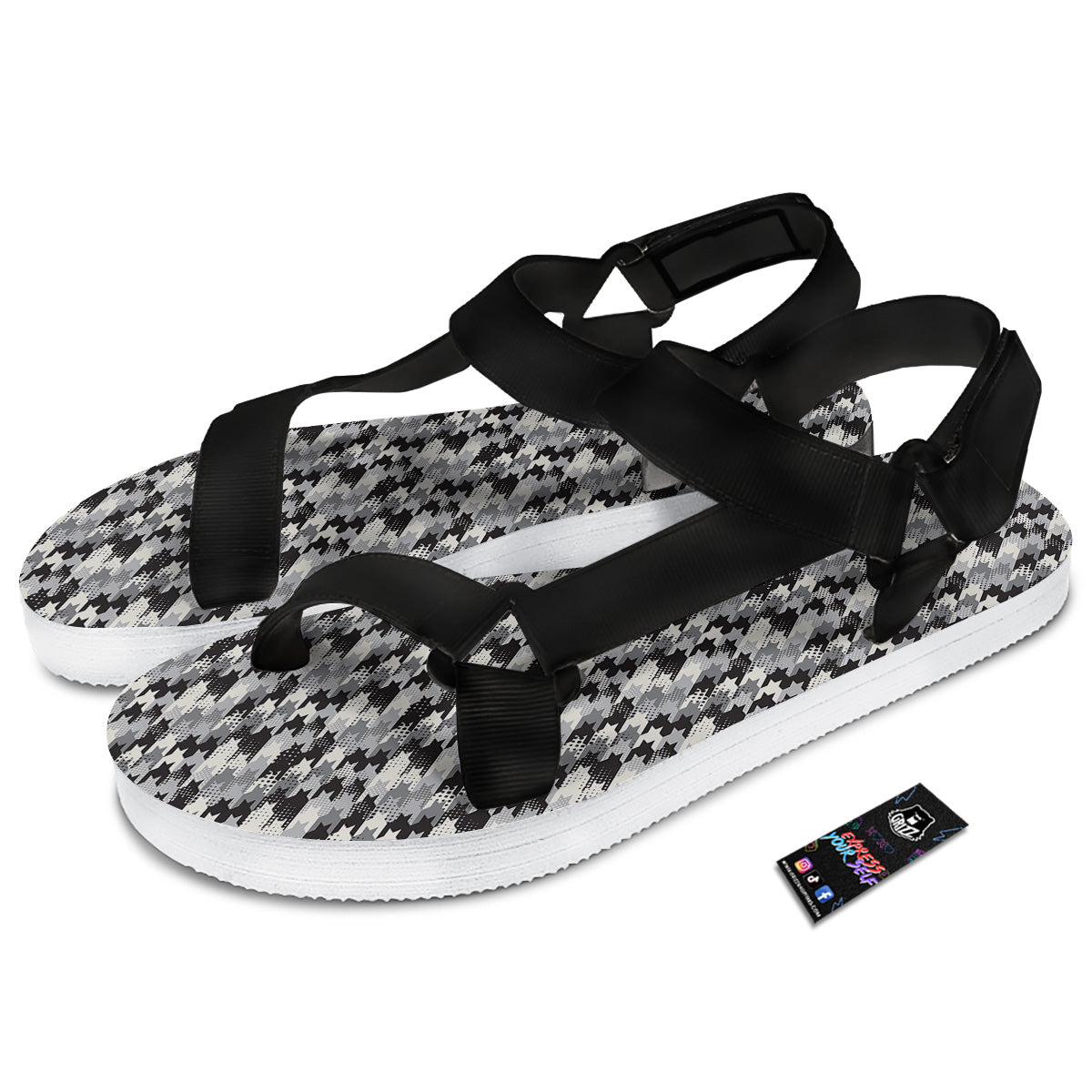 Abstract Houndstooth And Dots Print Pattern Black Open Toe Sandals-grizzshop