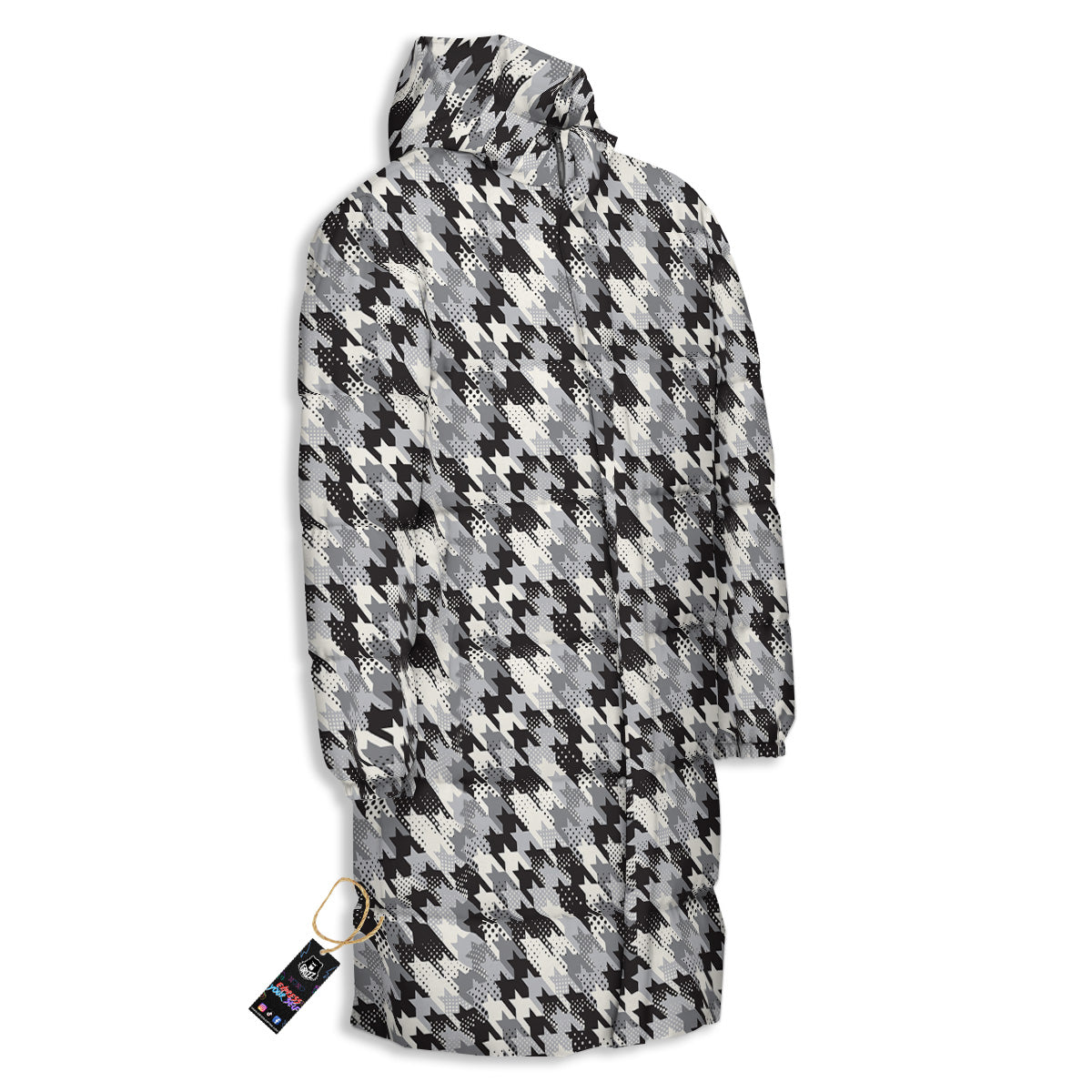 Abstract Houndstooth And Dots Print Pattern Long Down Jacket-grizzshop