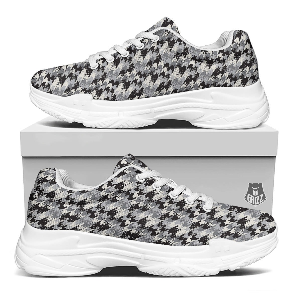 Abstract Houndstooth And Dots Print Pattern White Chunky Shoes-grizzshop