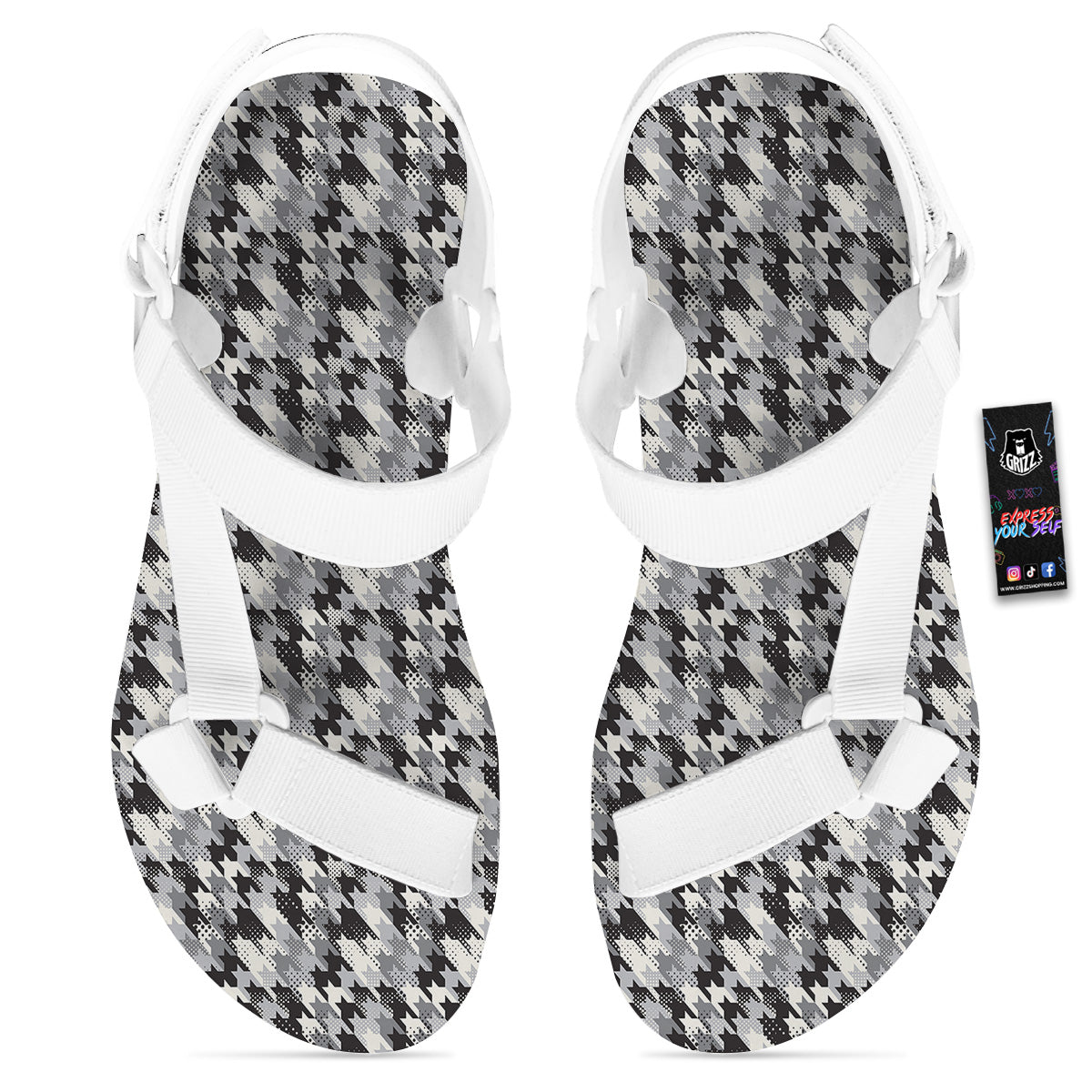 Abstract Houndstooth And Dots Print Pattern White Open Toe Sandals-grizzshop