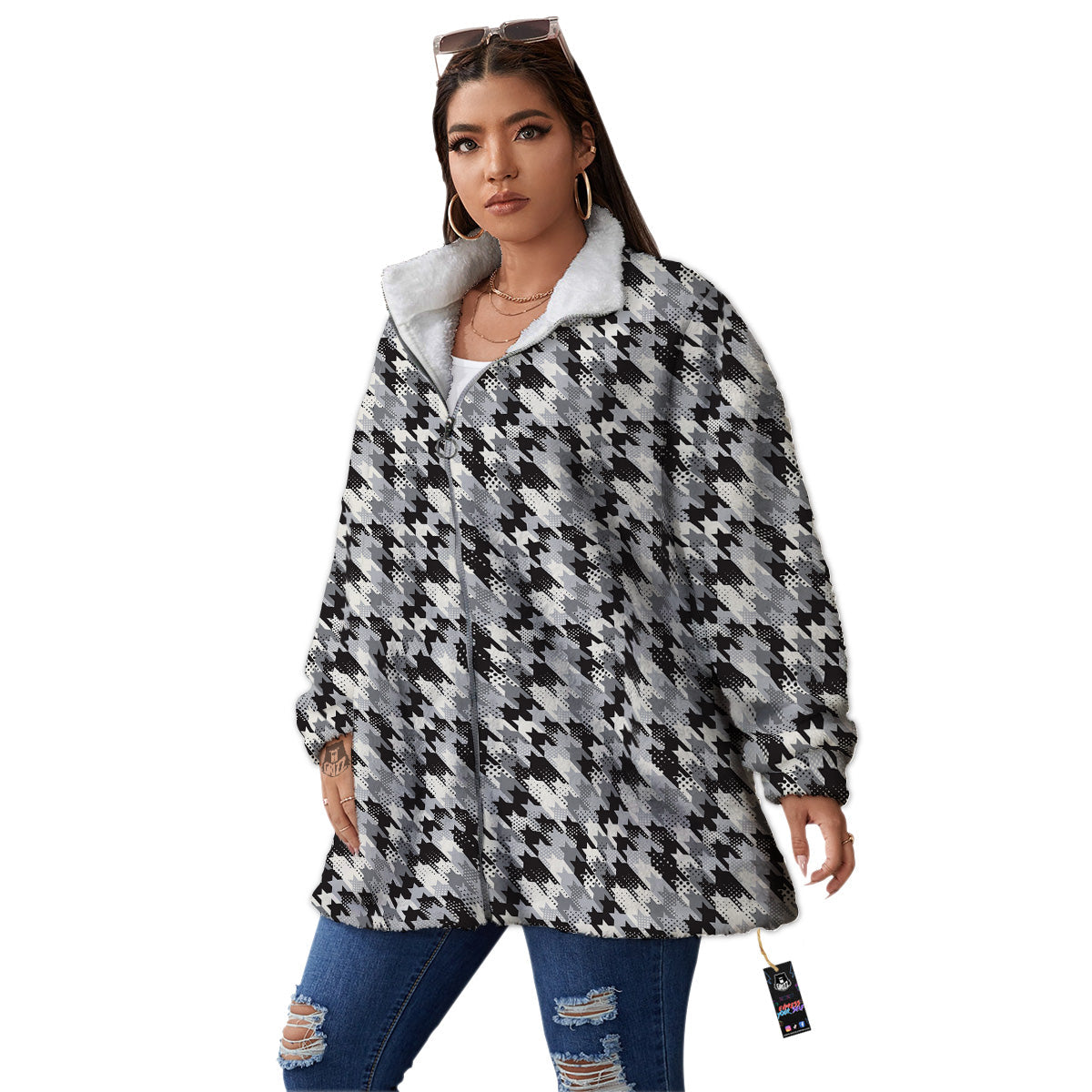 Abstract Houndstooth And Dots Print Pattern Women's Sherpa Jacket-grizzshop