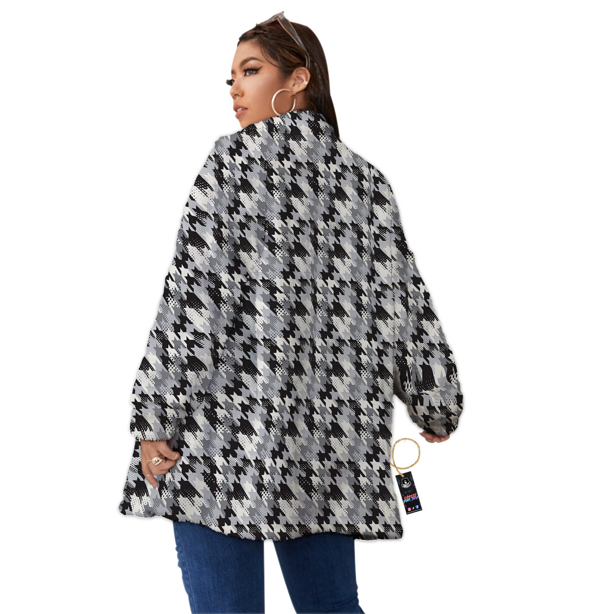Abstract Houndstooth And Dots Print Pattern Women's Sherpa Jacket-grizzshop