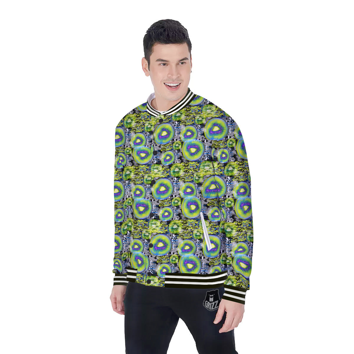 Abstract Kiwi Glitch Print Pattern Baseball Jacket-grizzshop