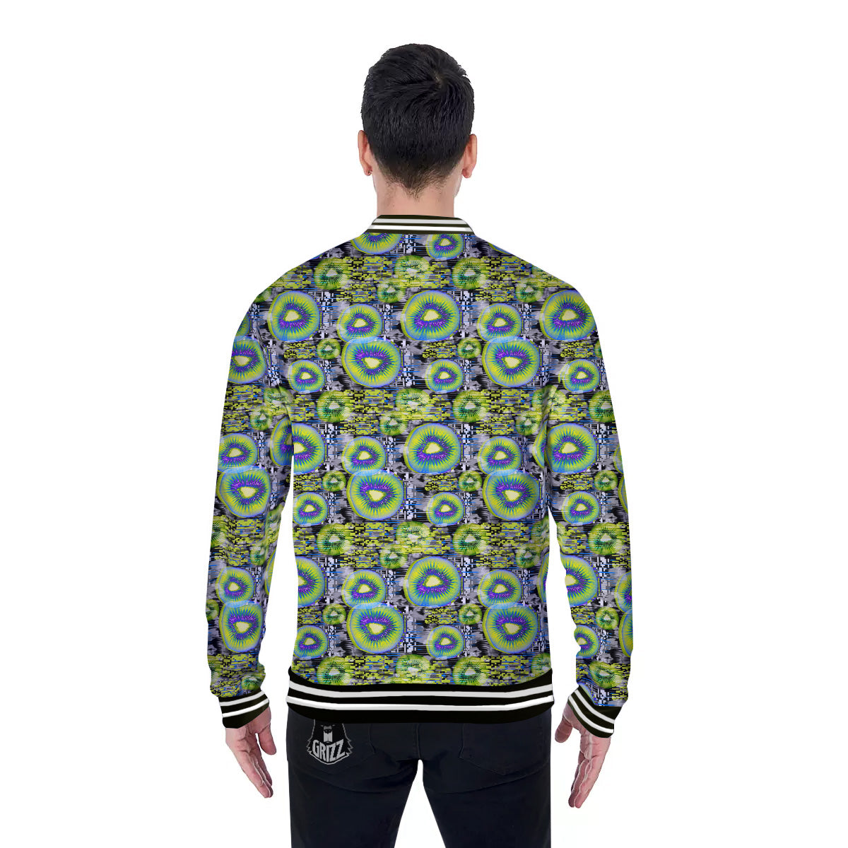 Abstract Kiwi Glitch Print Pattern Baseball Jacket-grizzshop