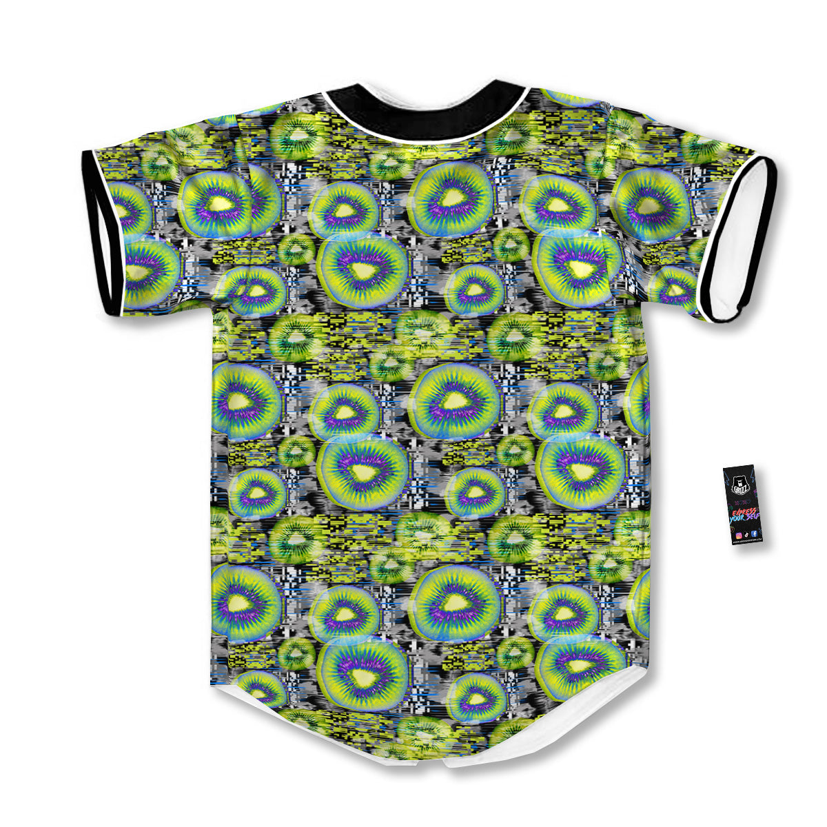 Abstract Kiwi Glitch Print Pattern Baseball Jersey-grizzshop