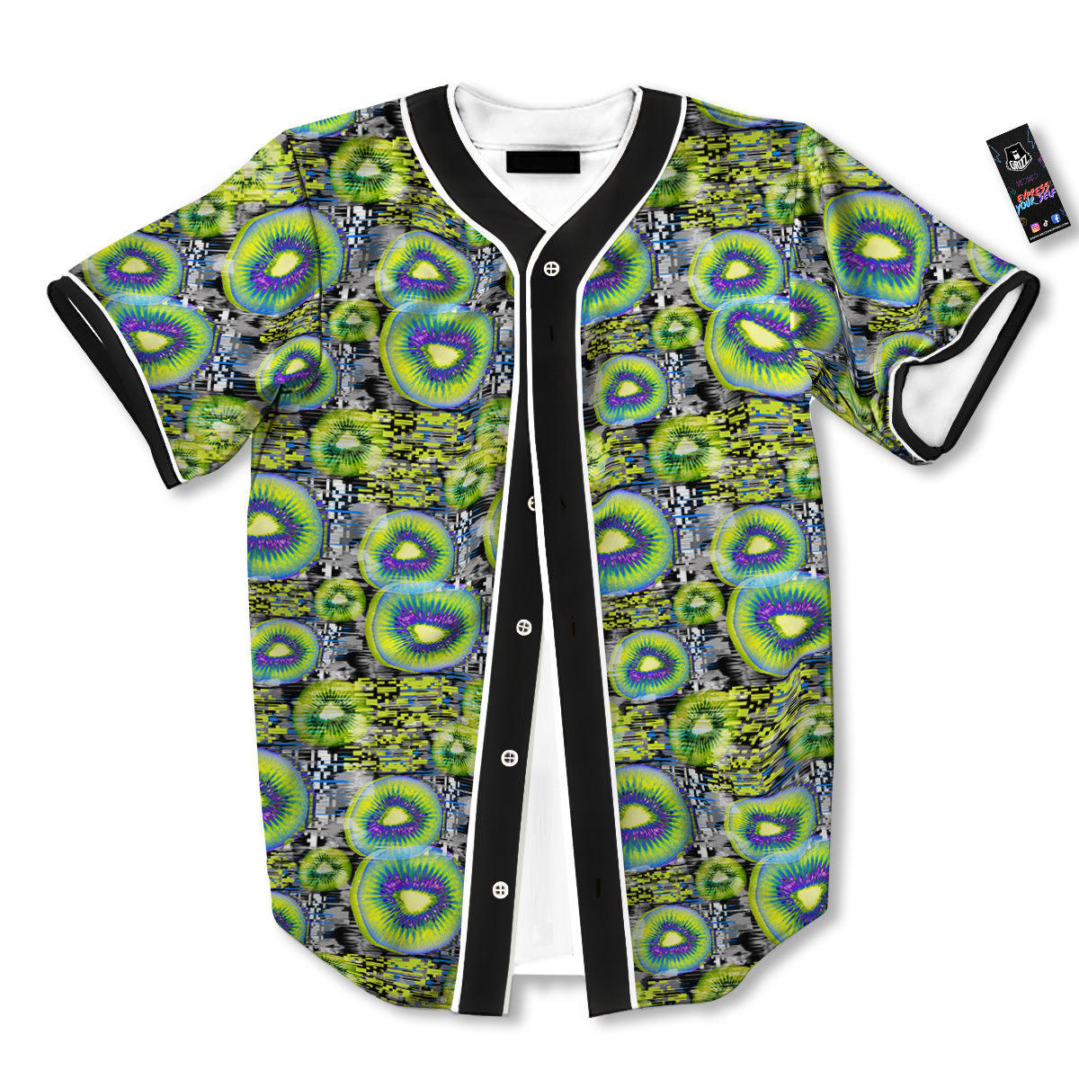 Abstract Kiwi Glitch Print Pattern Baseball Jersey-grizzshop