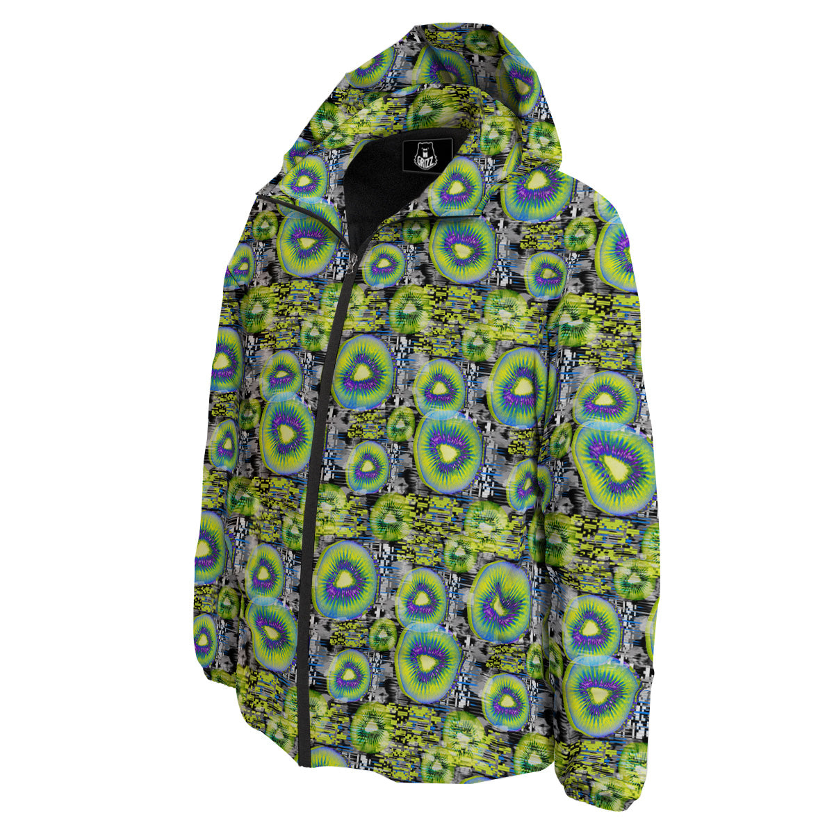 Abstract Kiwi Glitch Print Pattern Down Jacket-grizzshop