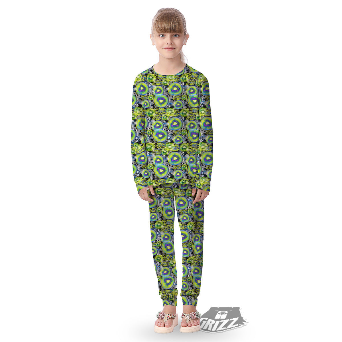 Abstract Kiwi Glitch Print Pattern Kid's Pajamas-grizzshop