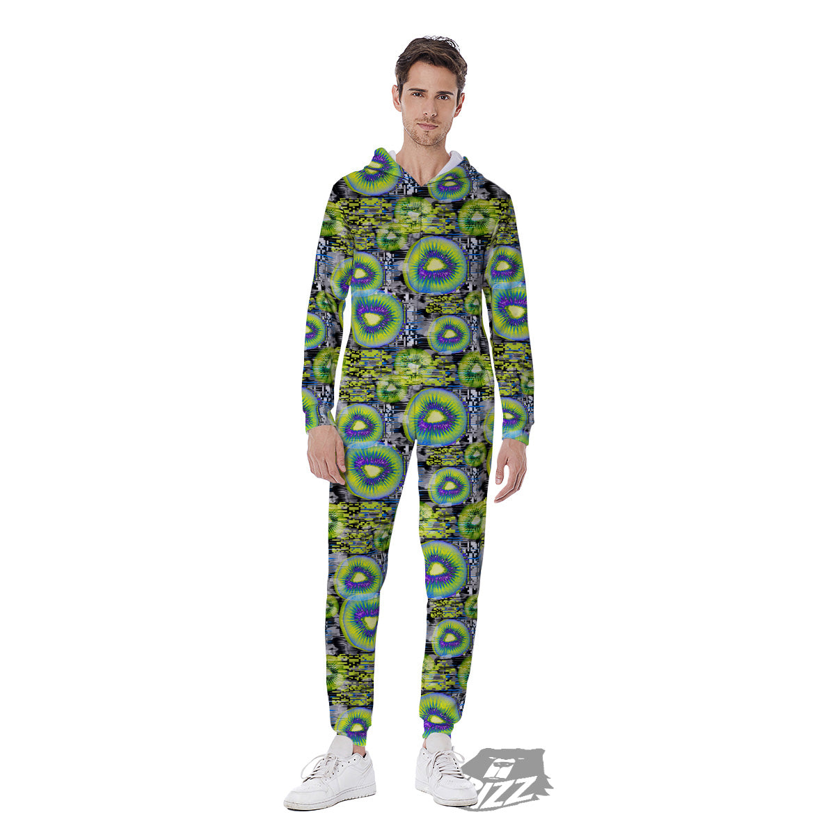 Abstract Kiwi Glitch Print Pattern Men's Jumpsuit-grizzshop