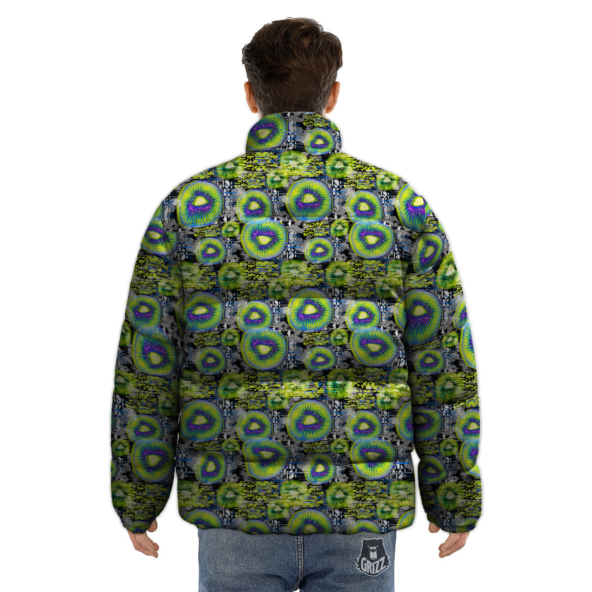 Abstract Kiwi Glitch Print Pattern Puffer Jacket-grizzshop
