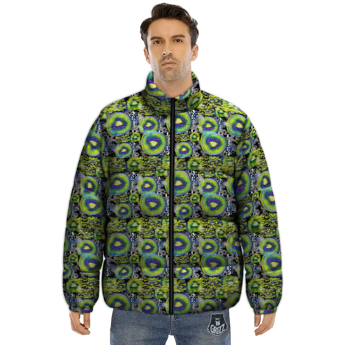 Abstract Kiwi Glitch Print Pattern Puffer Jacket-grizzshop