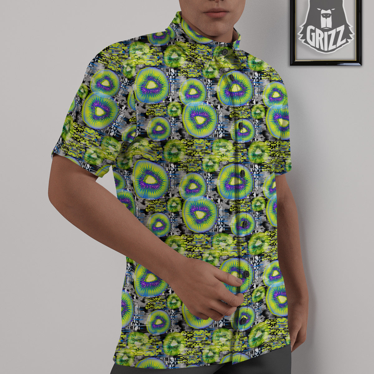 Abstract Kiwi Glitch Print Pattern Untucked Shirts-grizzshop