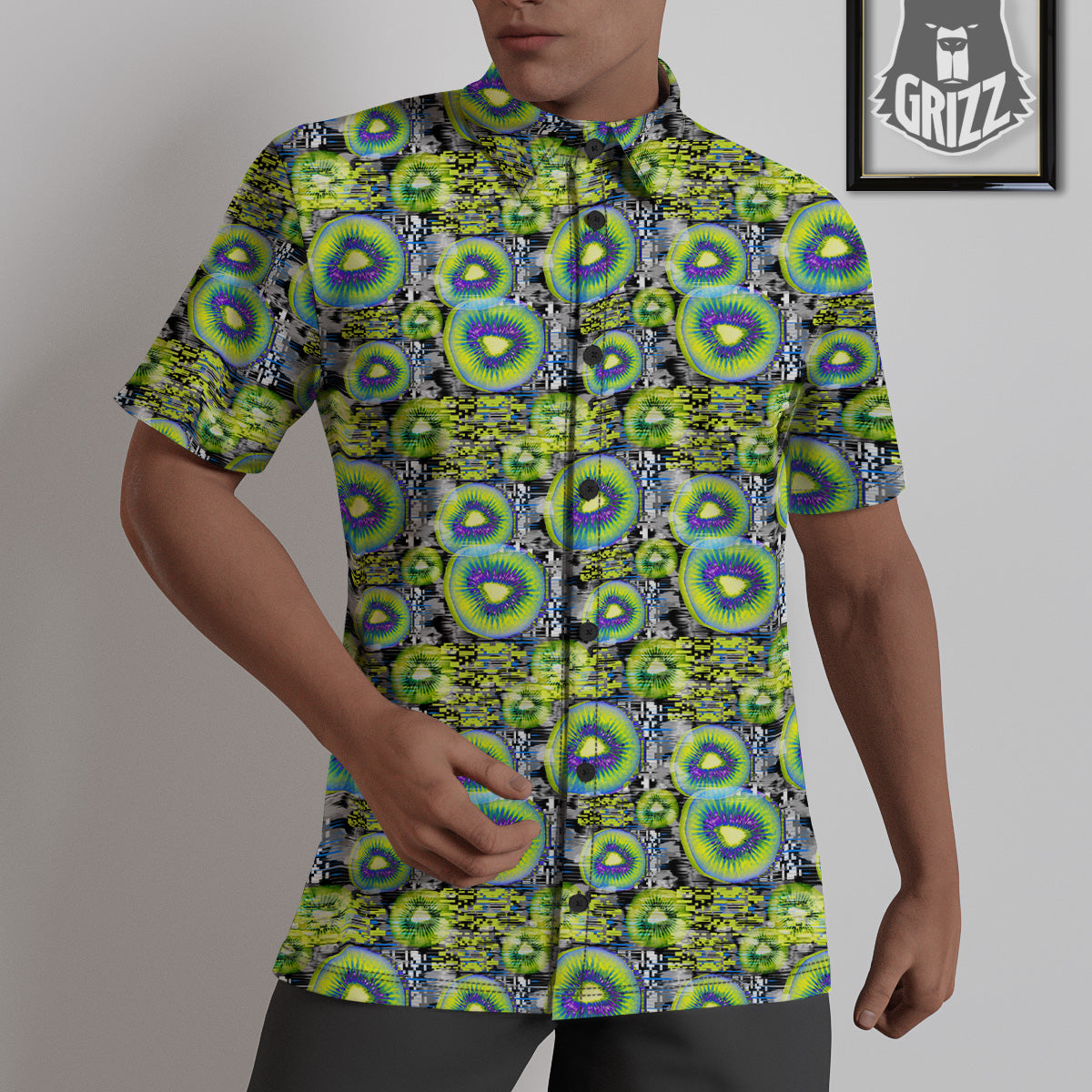 Abstract Kiwi Glitch Print Pattern Untucked Shirts-grizzshop