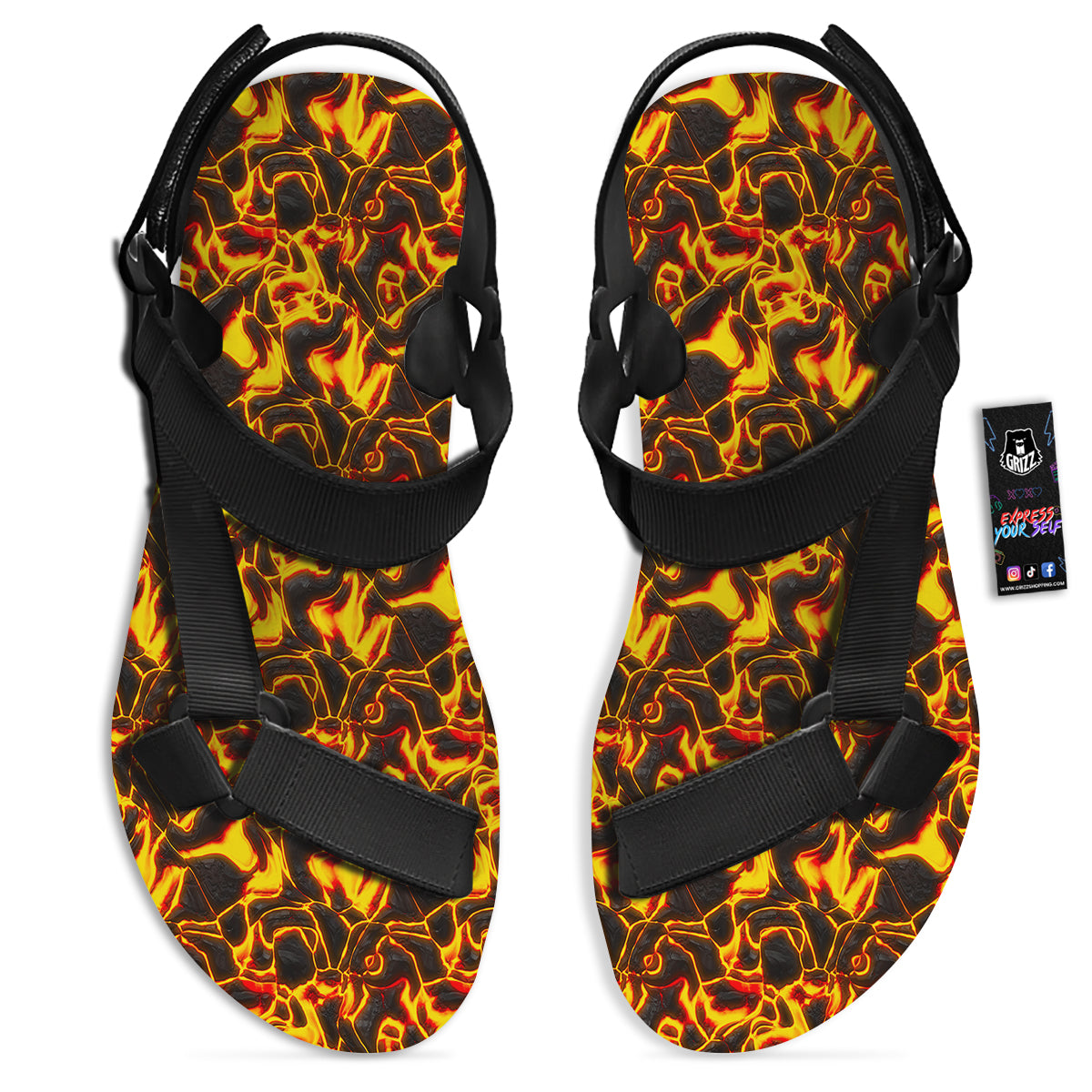 Abstract Lava And Fire Texture Print Black Open Toe Sandals-grizzshop