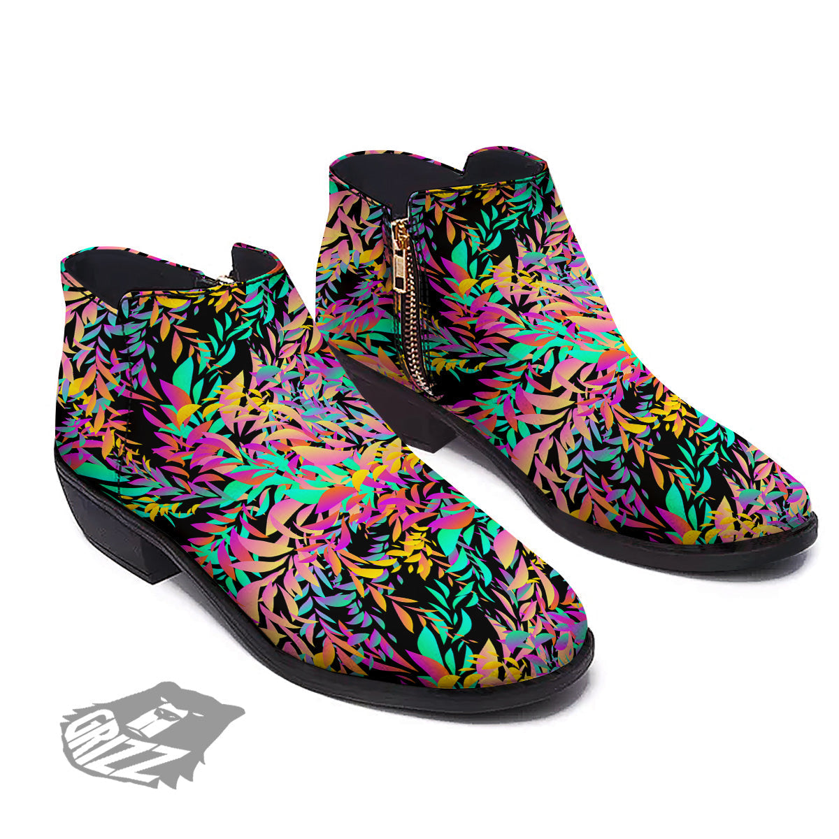 Abstract Leaf Neon Print Pattern Ankle Boots-grizzshop