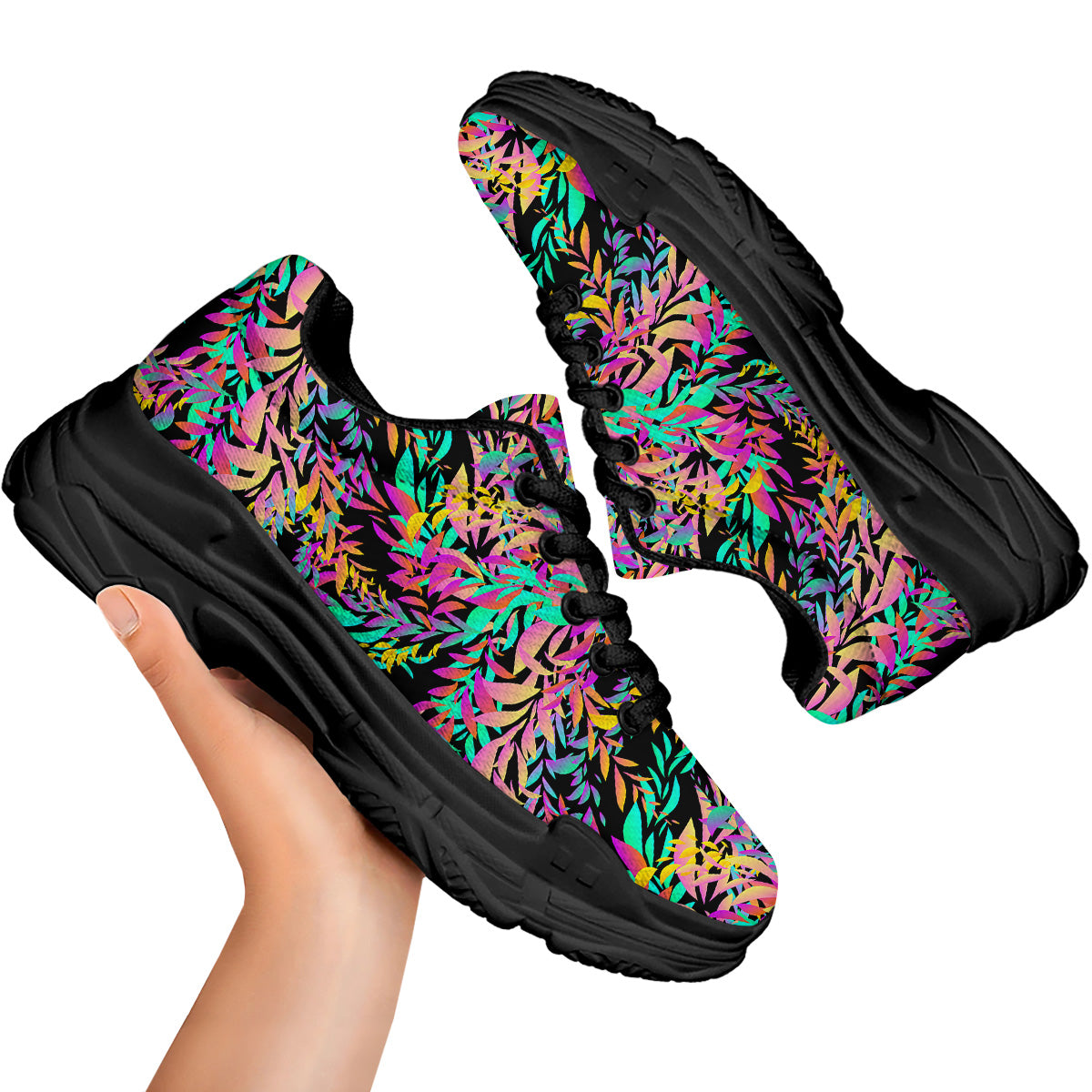 Abstract Leaf Neon Print Pattern Black Chunky Shoes-grizzshop