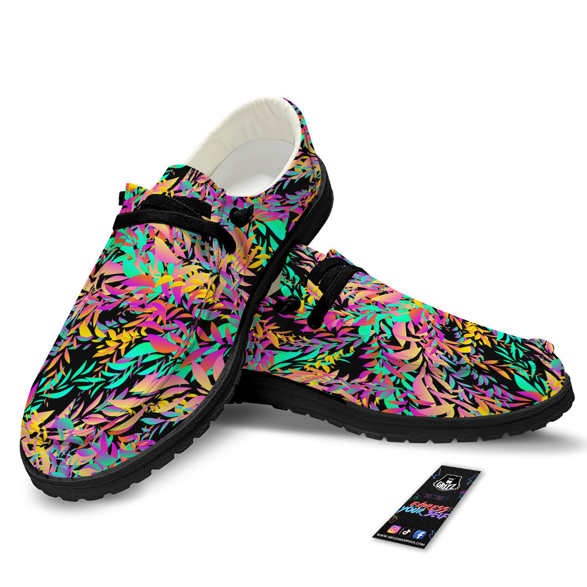 Abstract Leaf Neon Print Pattern Black Loafers-grizzshop