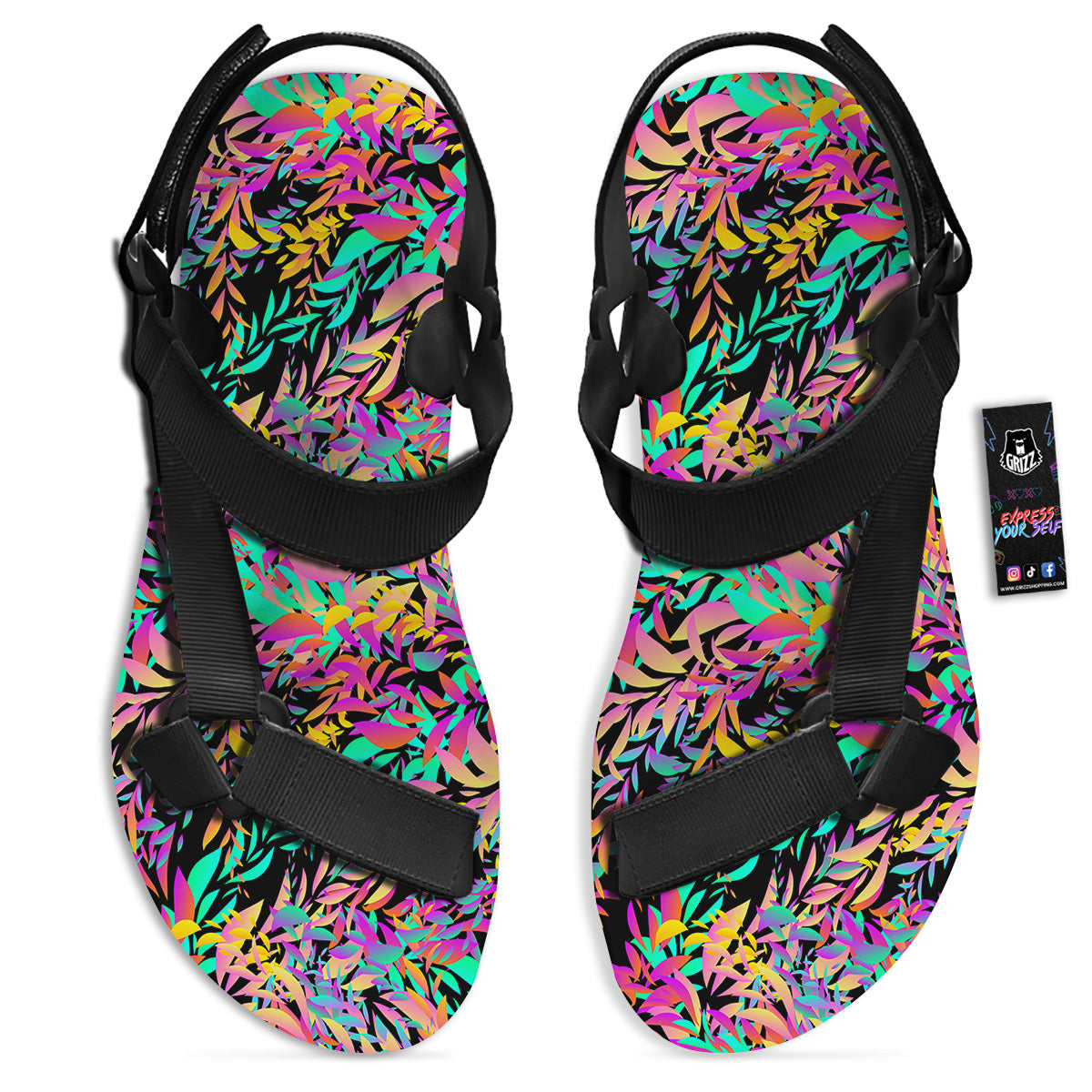 Abstract Leaf Neon Print Pattern Black Open Toe Sandals-grizzshop