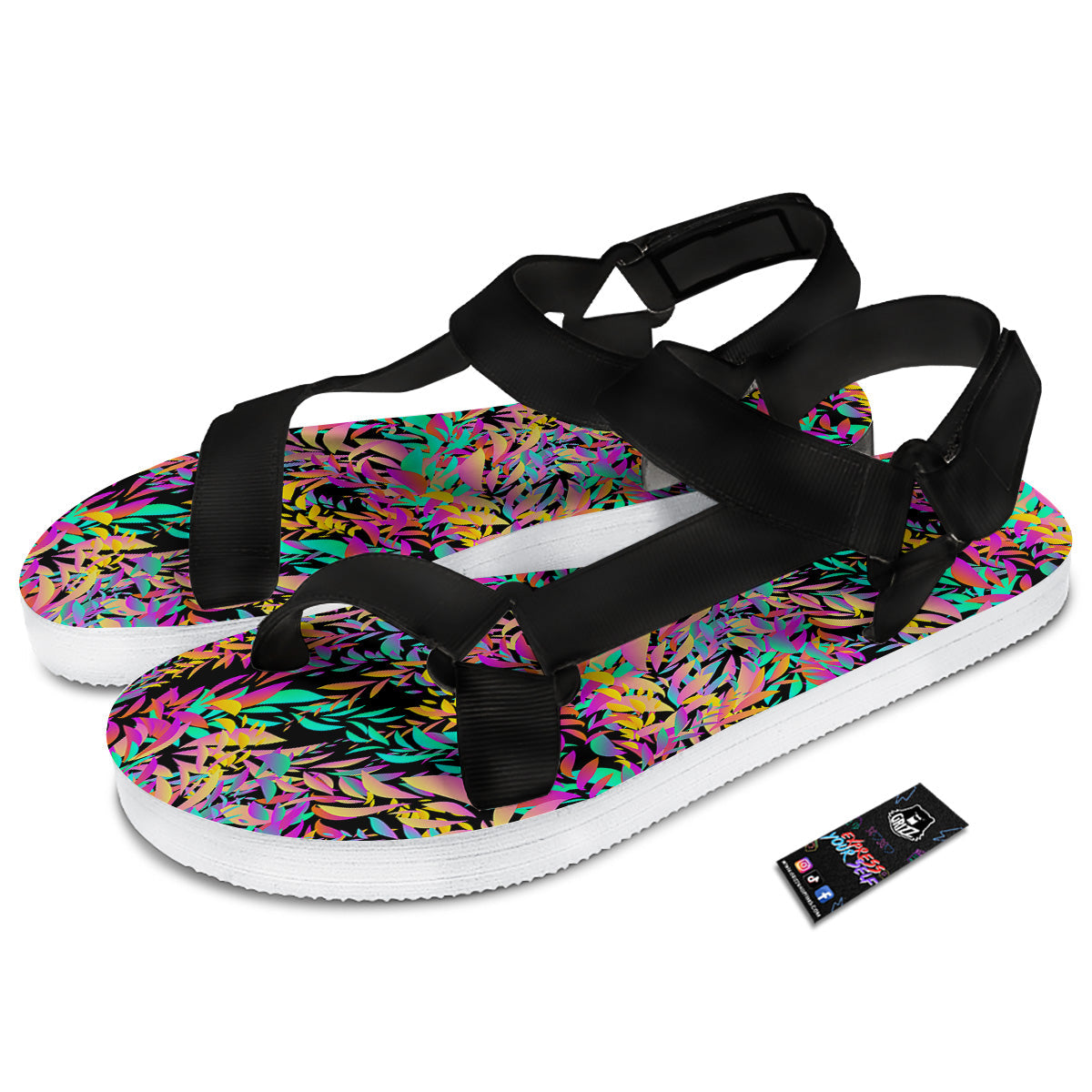 Abstract Leaf Neon Print Pattern Black Open Toe Sandals-grizzshop