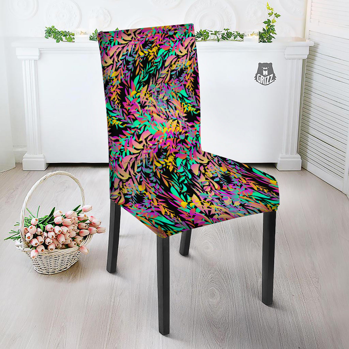 Abstract Leaf Neon Print Pattern Dining Chair Slipcover-grizzshop