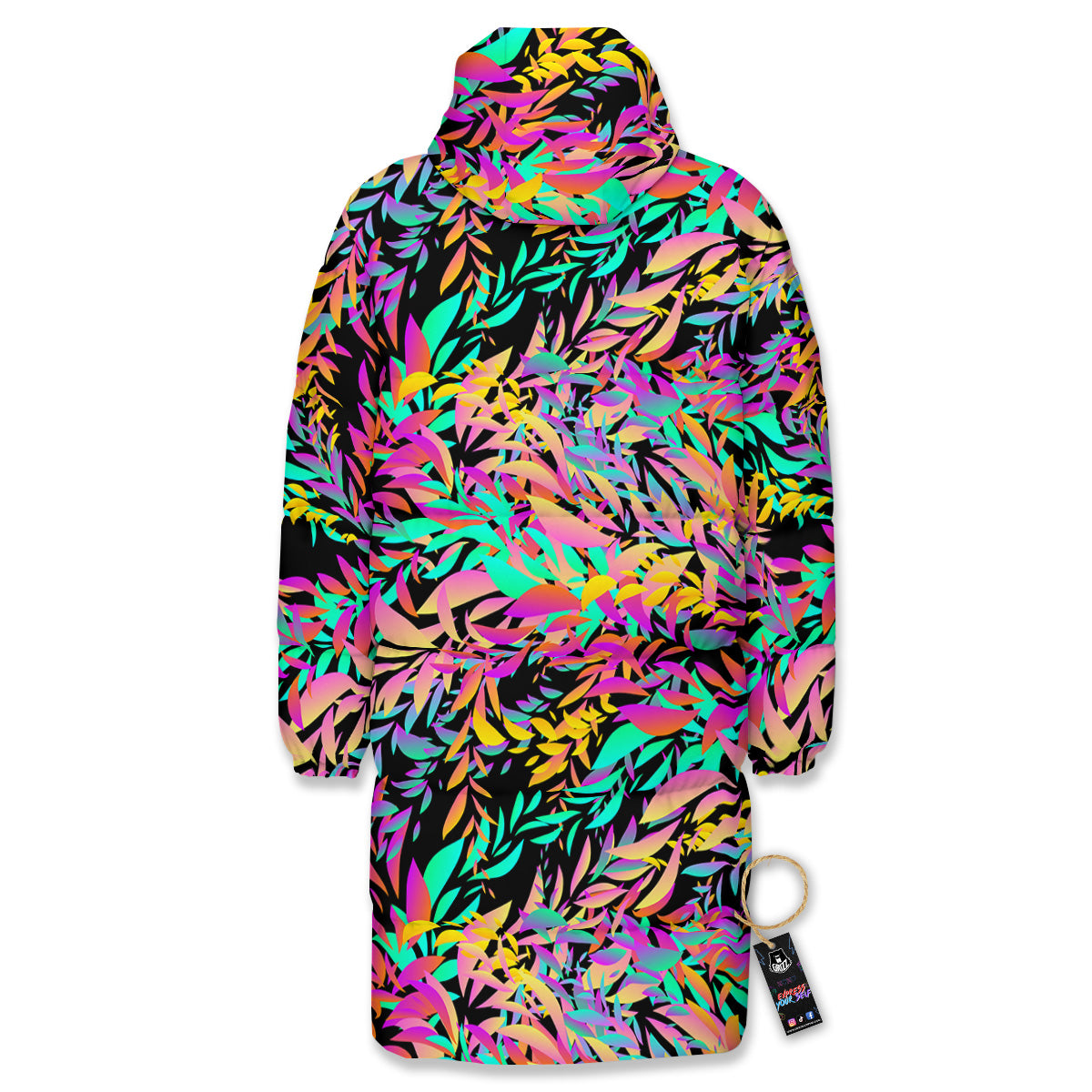 Abstract Leaf Neon Print Pattern Long Down Jacket-grizzshop