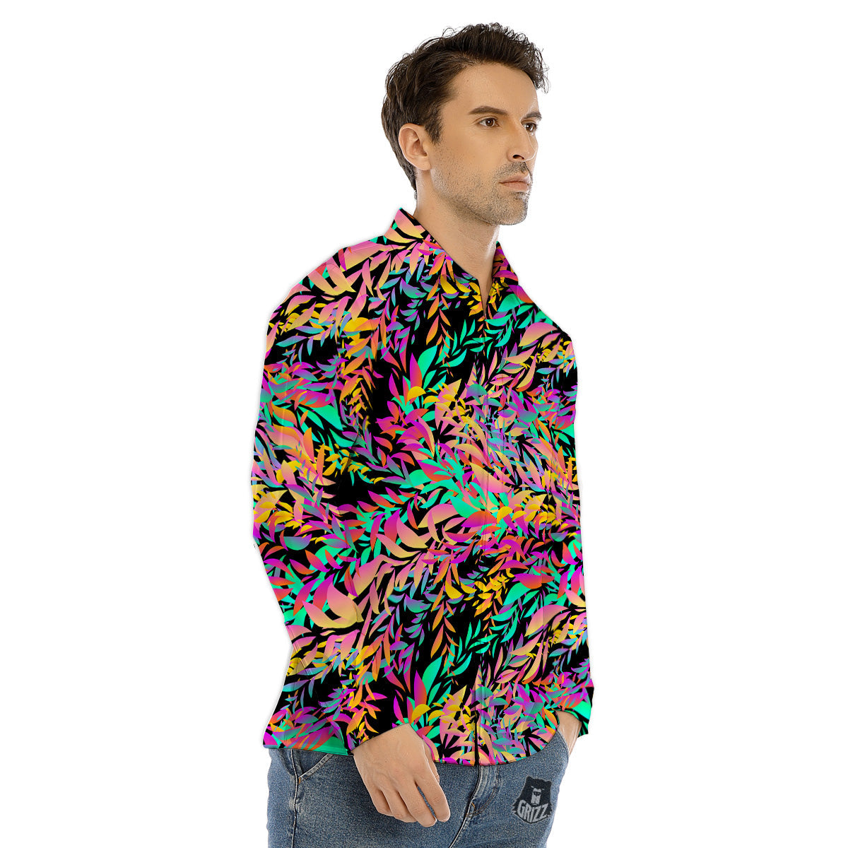 Abstract Leaf Neon Print Pattern Men's Dress Shirts-grizzshop