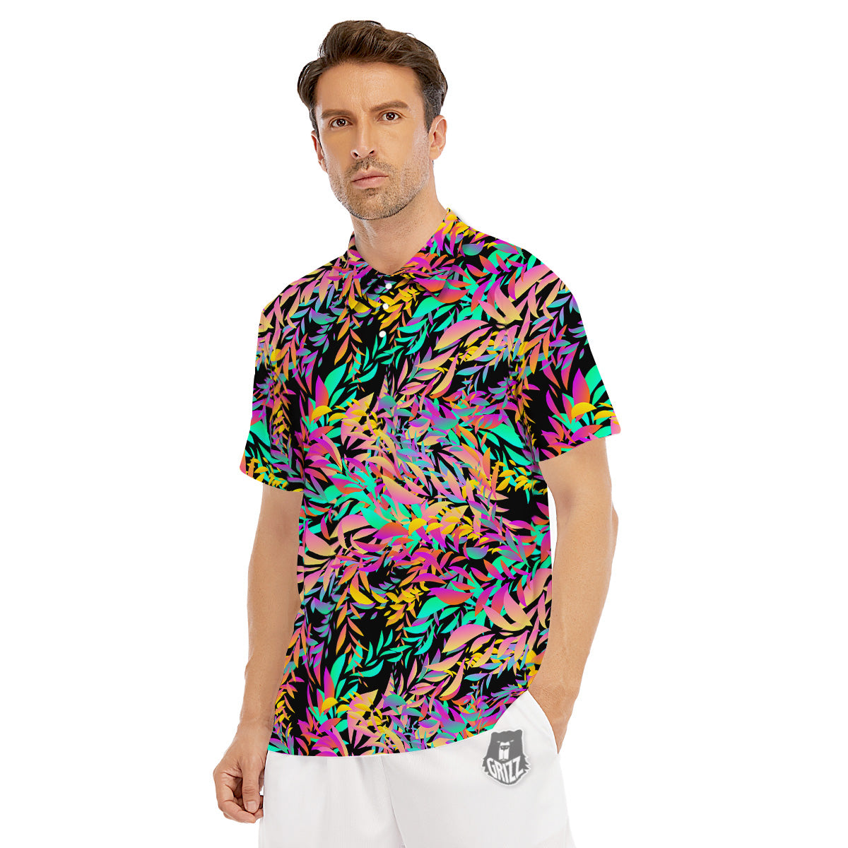 Abstract Leaf Neon Print Pattern Men's Golf Shirts-grizzshop