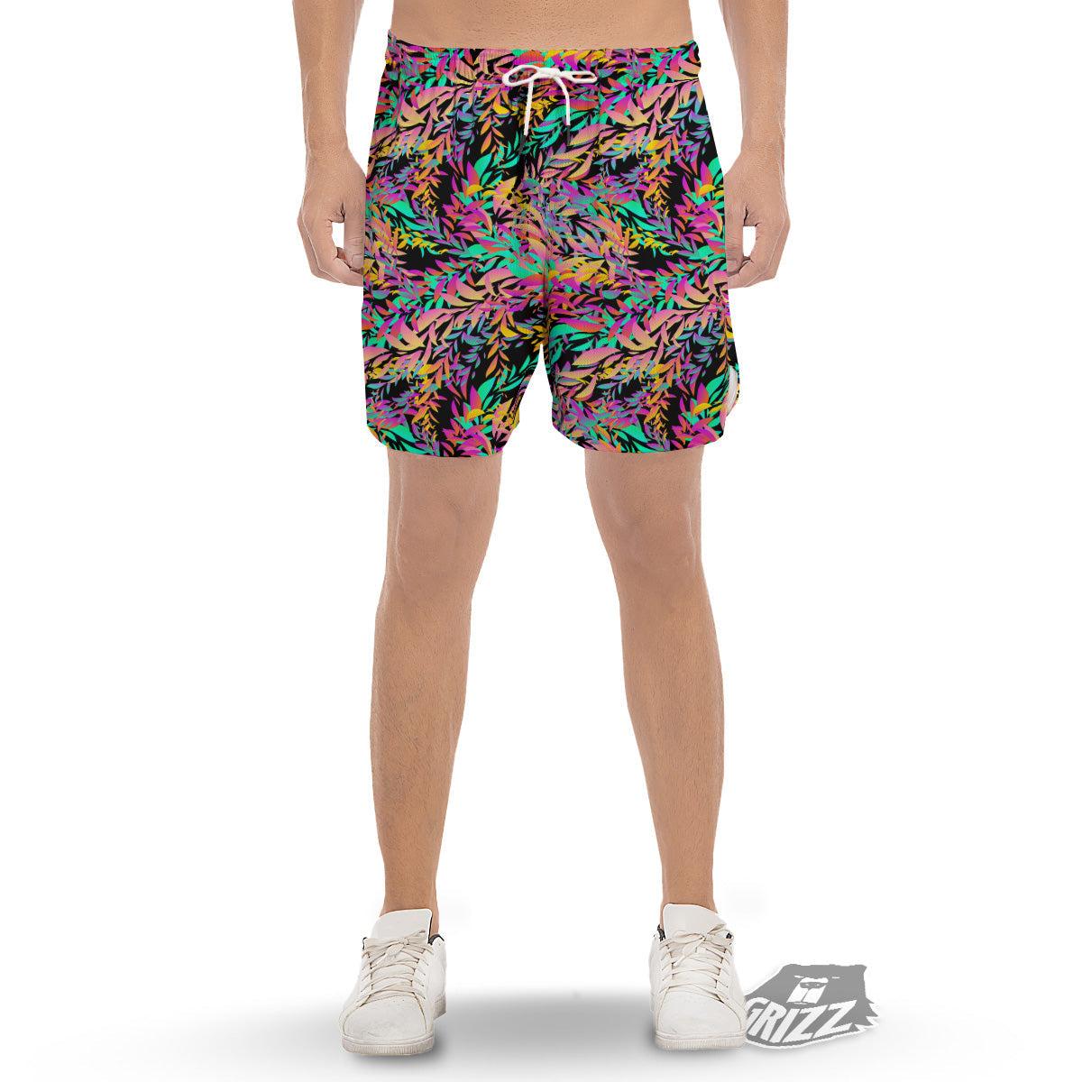 Abstract Leaf Neon Print Pattern Men's Gym Shorts-grizzshop