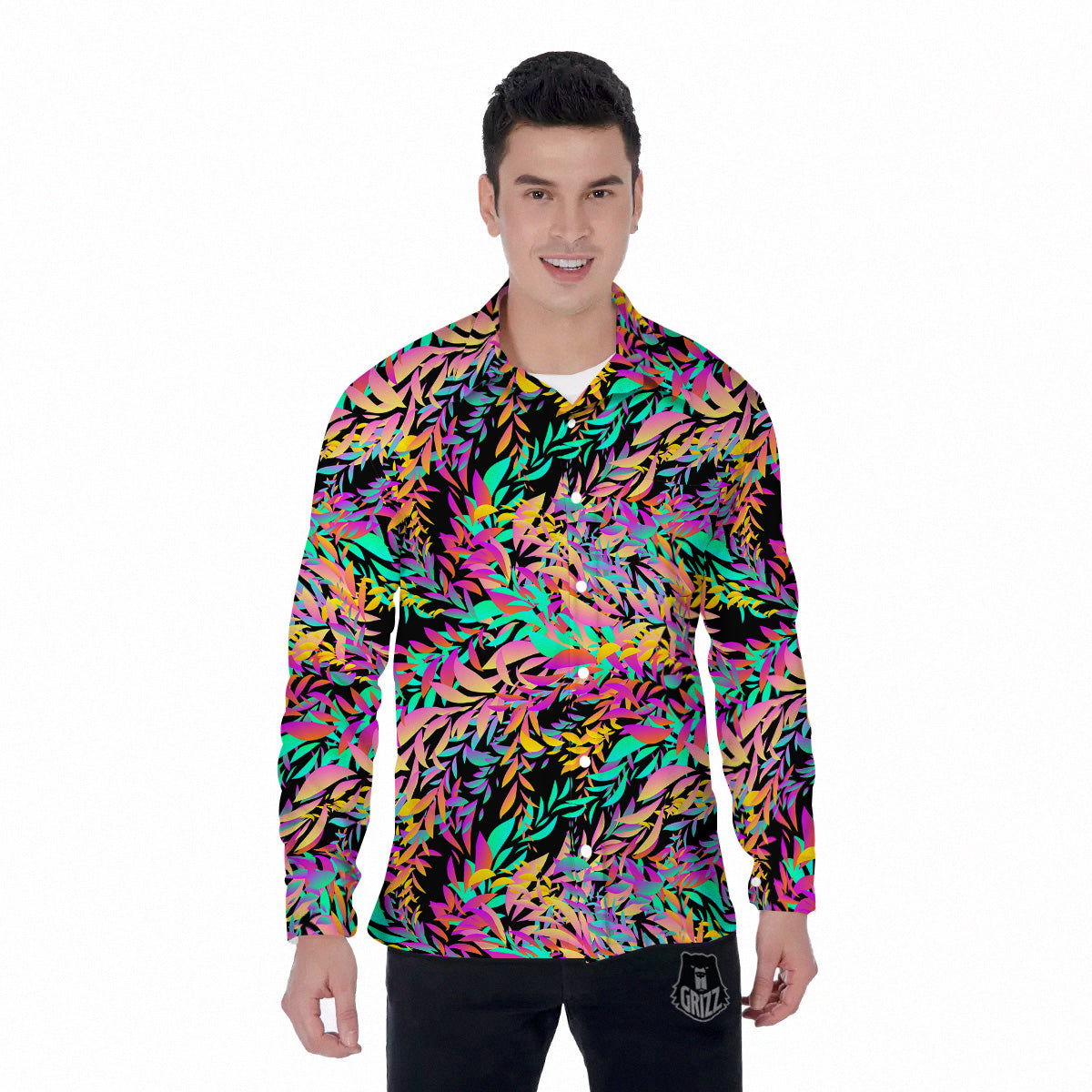 Abstract Leaf Neon Print Pattern Men's Long Sleeve Shirts-grizzshop